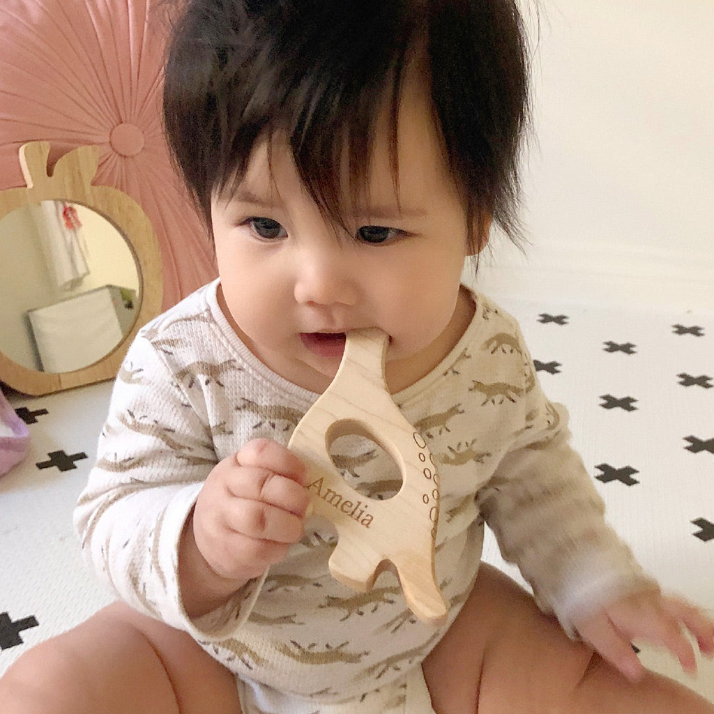 Natural Wooden Dinosaur Teething Toy for Babies - Safe & Non-Toxic Chew Toy for Soothing Sore Gums | Perfect Baby Shower Gift & Toddler Teething Relief