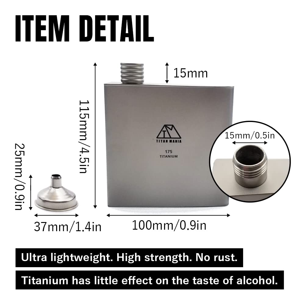 Premium Titanium Hip Flask 175ml with Funnel & Skittle - Ultra Lightweight, Leakproof, Durable Outdoor Flask for Camping, Hiking, Travel & Gifts - Perfect for Whiskey, Vodka & Liquor Storage