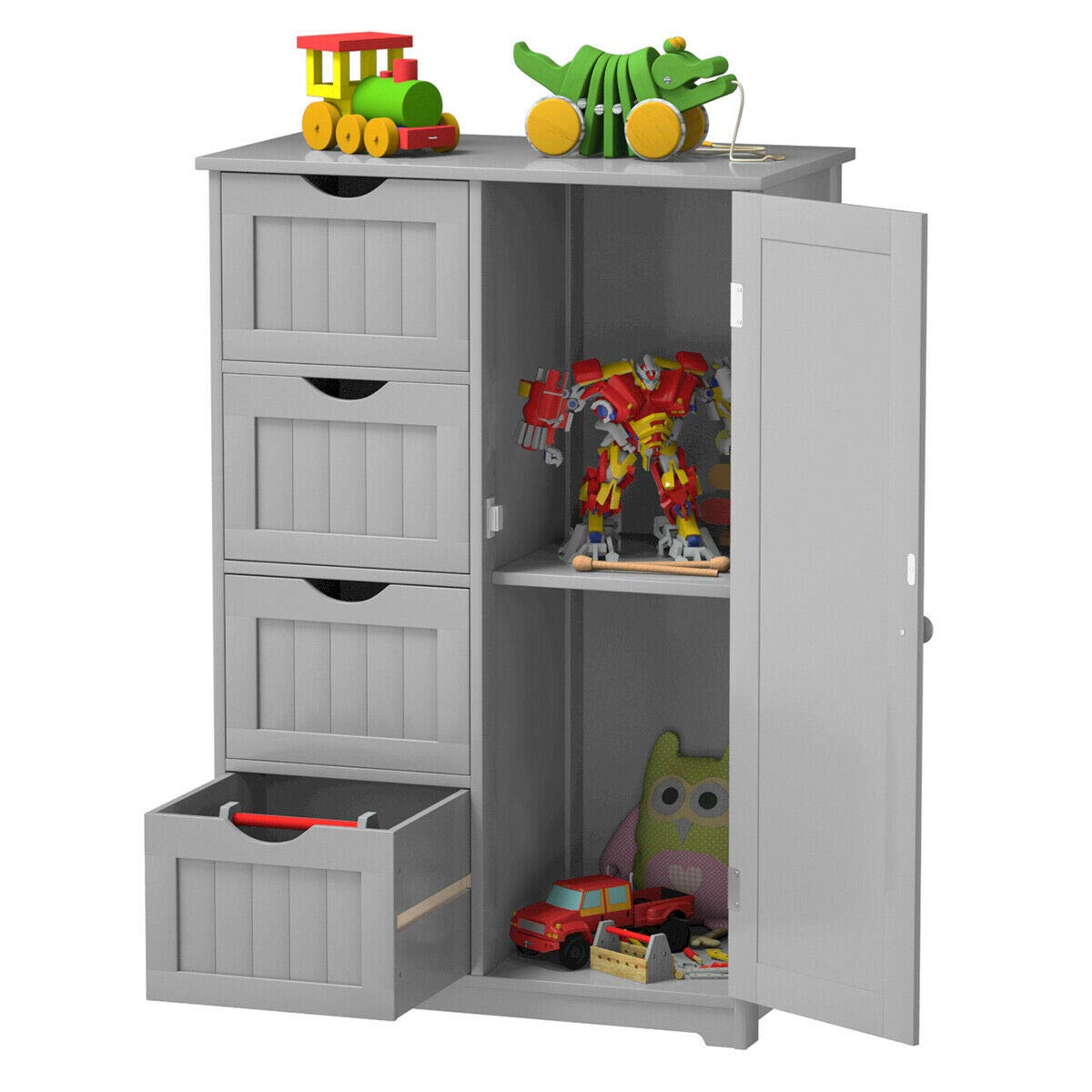Grey Freestanding 4-Drawer Bathroom Storage Cabinet with Adjustable Shelves - Spacious Shower Caddy for Towels, Linens & Toiletries Organization - Perfect for Bathroom, Laundry Room or Bedroom Decor