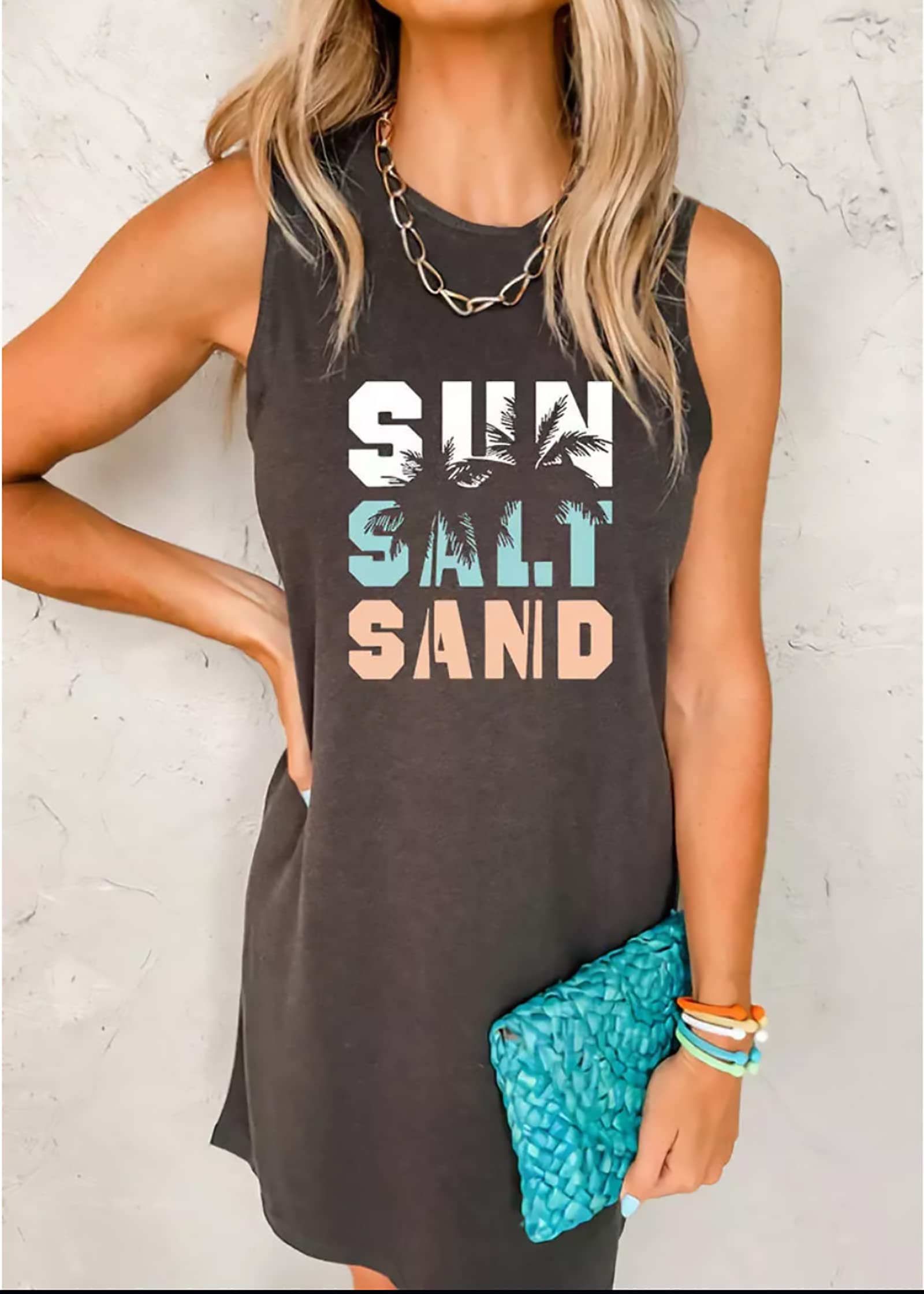 Women's Sleeveless Sun Salt Sand Coconut Tree Print Tank Mini Dress - Beach Party, Summer Vacation, Tropical Holiday Outfit - Perfect for Poolside, Seaside Getaways & Tropical Vacations