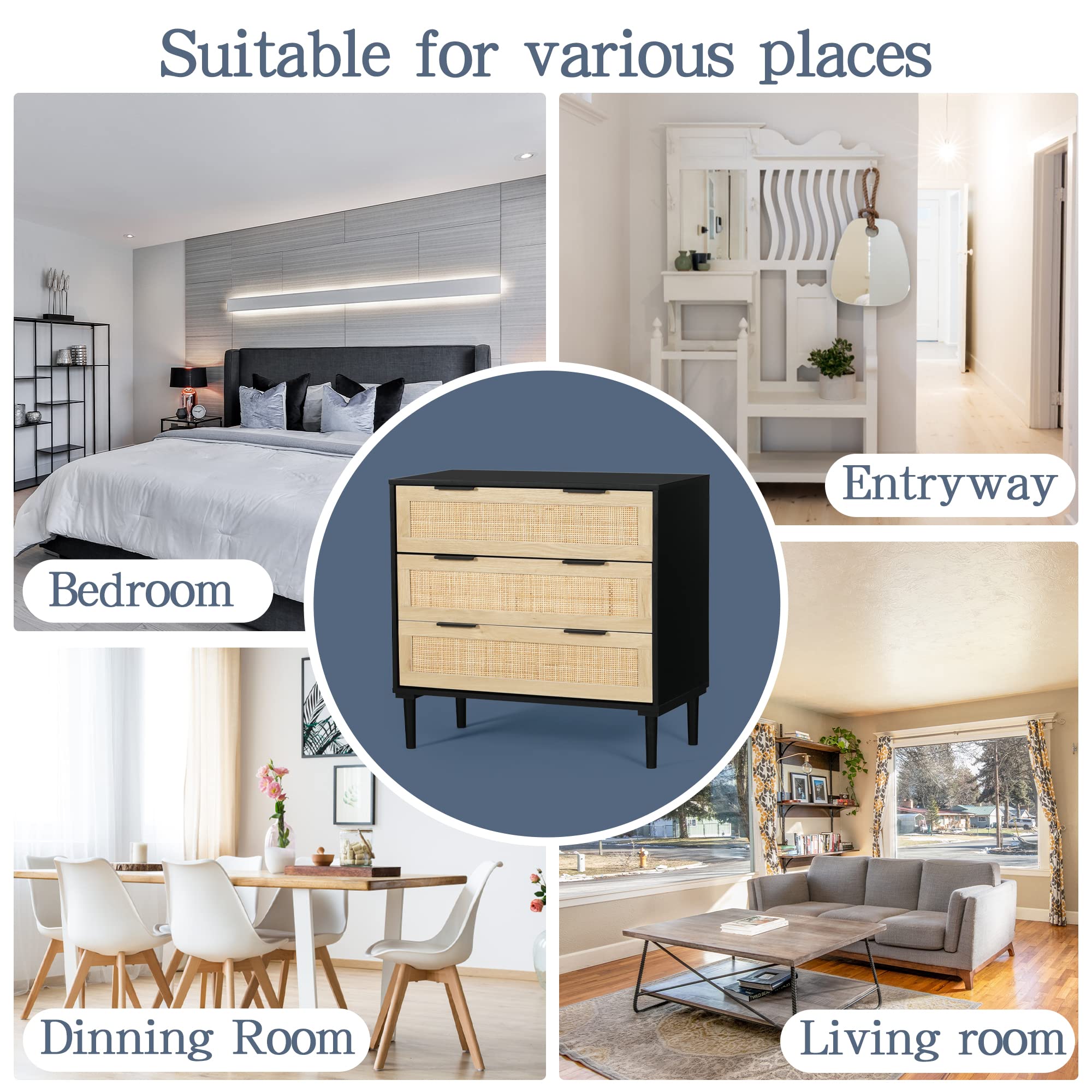 Modern Rattan 3-Drawer Dresser - Bedroom Storage Cabinet for Home & Office