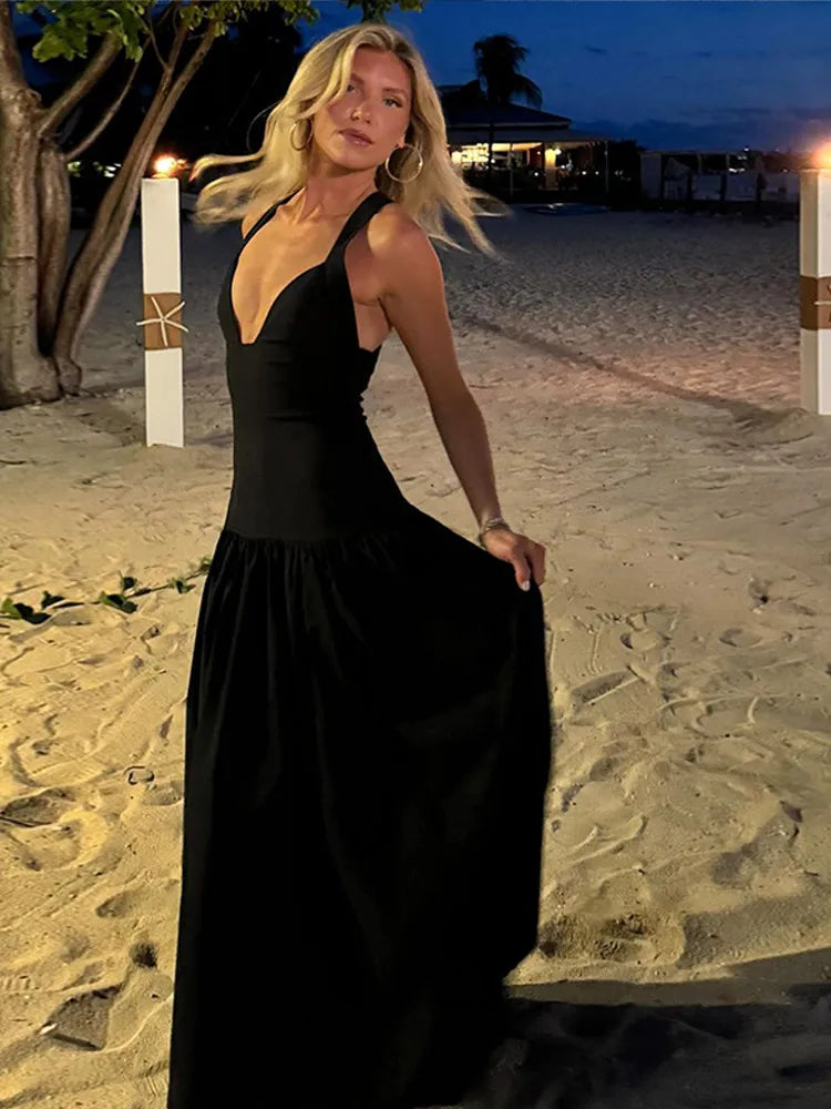Elegant High Collar A-Line Maxi Dress for Women - 2024 Fashion Solid Pleated Slim Long Evening Gown | Perfect for Prom, Party, Wedding & Formal Occasions