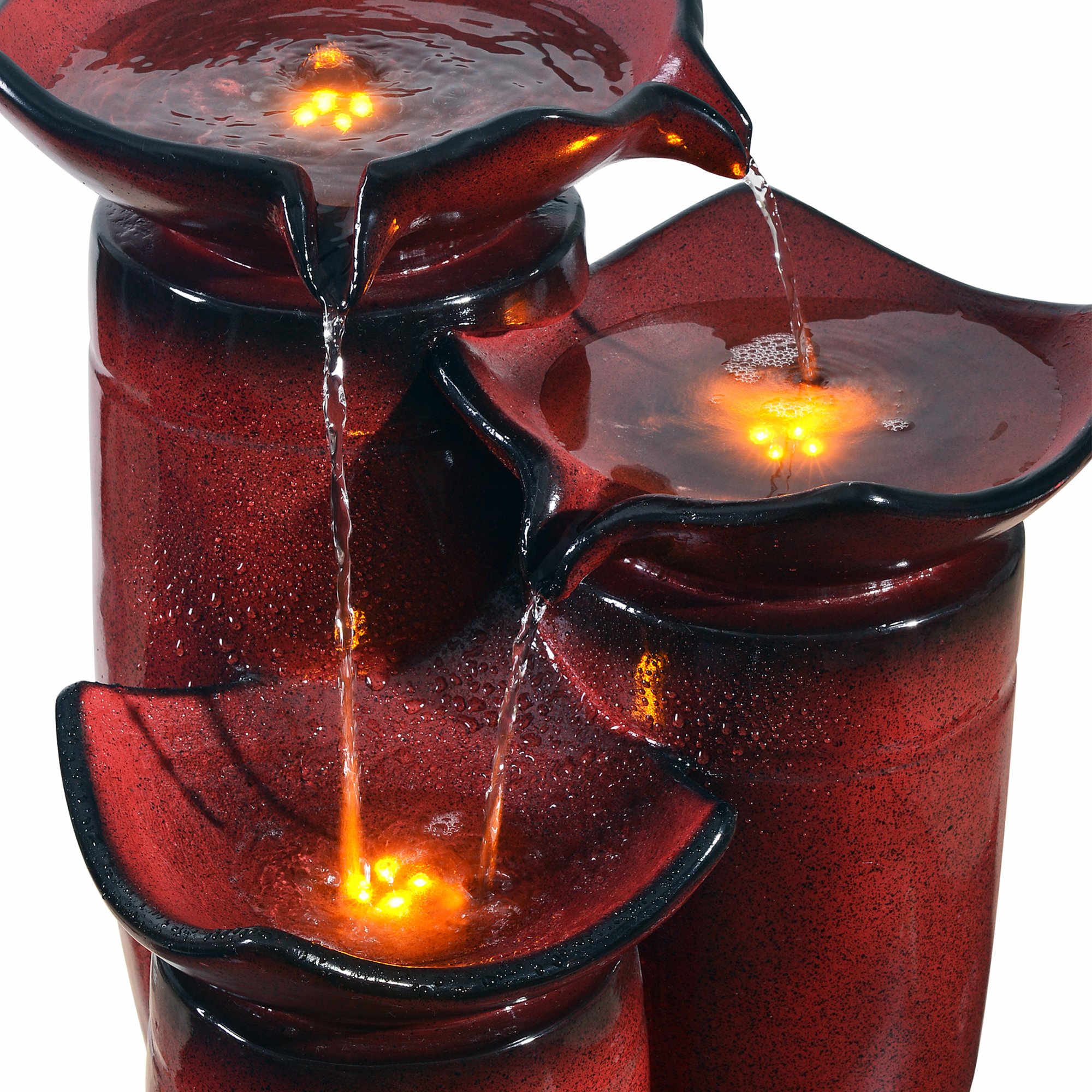 Teamson Home 3-Tier Outdoor Water Fountain with LED Lights & Pump - 20 Inch Gradient Red Glazed Ceramic Floor Fountain for Garden, Patio, Backyard, Deck Decor | Perfect for Relaxing Ambience, Zen Meditation Spaces & Landscape Enhancement