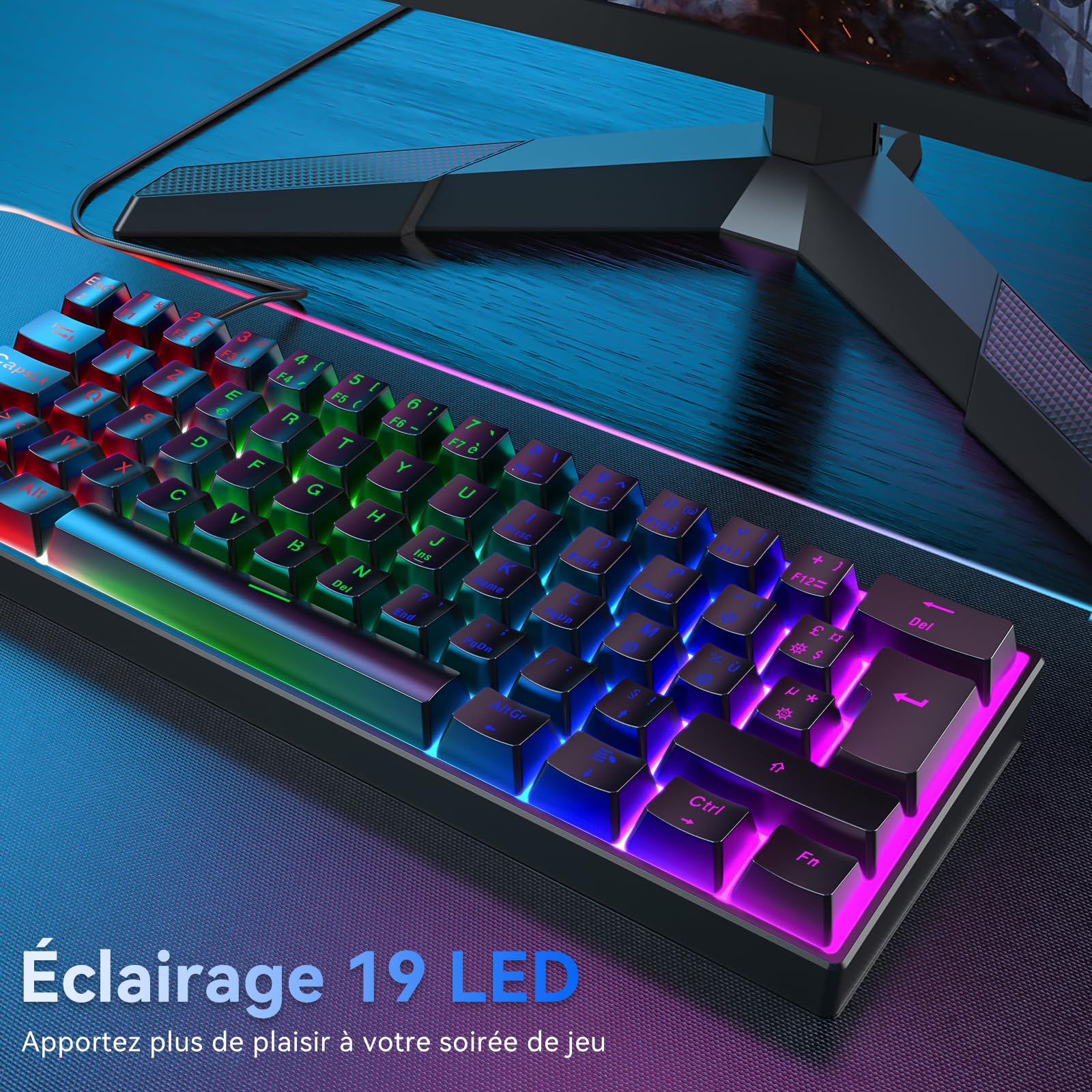 TECURS 60% Azerty Mechanical Gaming Keyboard with Red Switches - Wired LED Backlit Compact Keyboard for PC, Windows, PS5, PS4 (Black) - Perfect for Esports, Gaming & Office Work