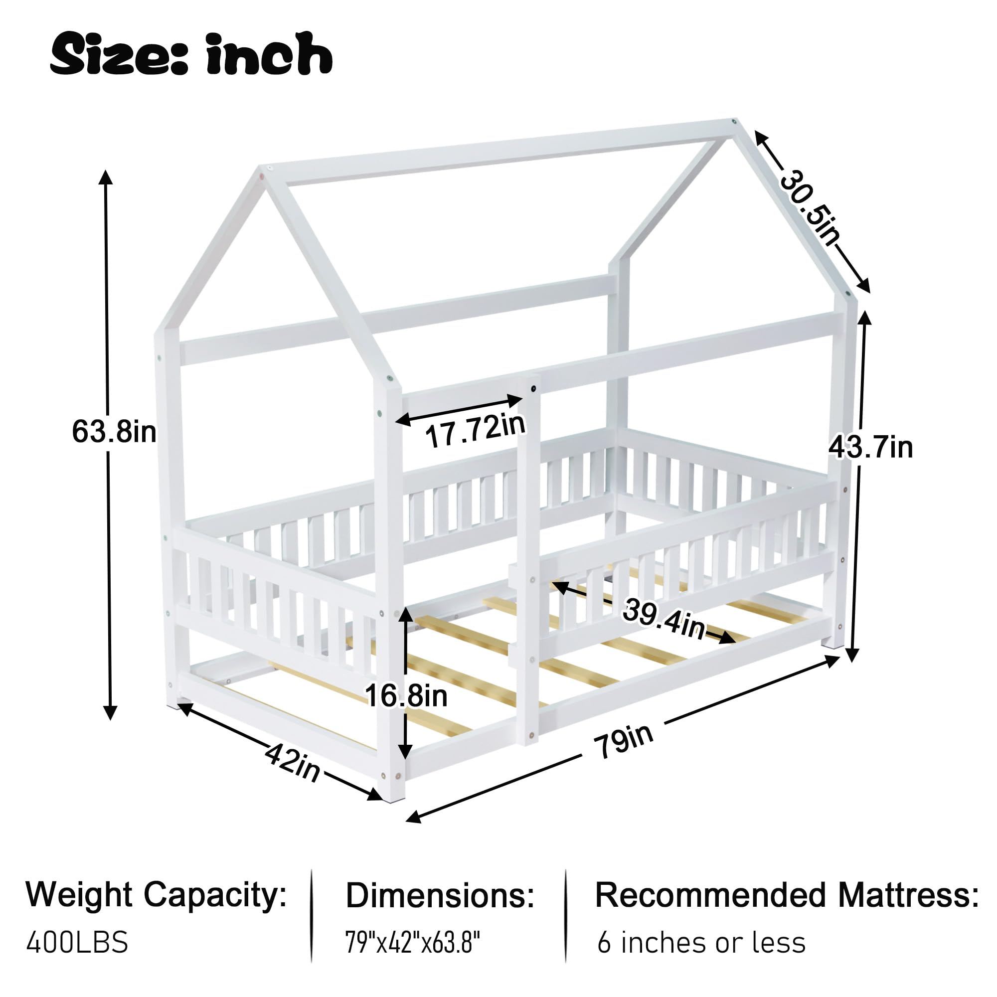 Montessori Twin Size Wooden Floor Bed with High Safety Fence & Slats - House Style Kids Bed for Boys & Girls, No Box Spring Required, Easy Assembly, White - Perfect for Montessori Rooms, Toddler Bedrooms & Play Areas