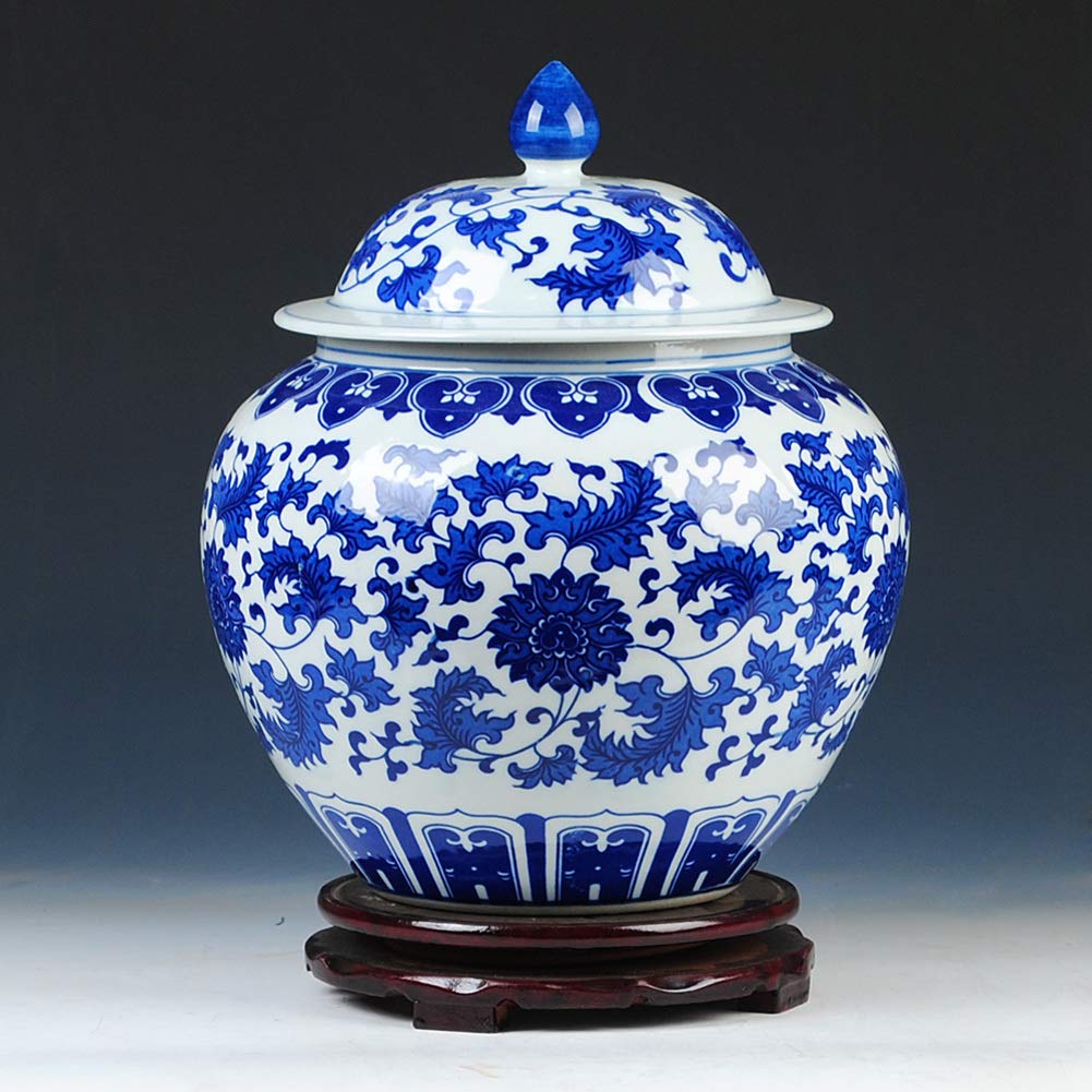 Blue and White Classic Ceramic Jar Vase - Traditional Chinese Porcelain Flower Vase with Base - Antique Home Decor Centerpiece (H30cm x W25cm) - Perfect for Living Room, Dining Table, and Wedding Decorations