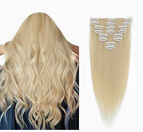 ANRY 22 Inch Bleach Blonde Real Human Hair Extensions Clip-in #613 (8pcs) - Perfect for Parties, Weddings & Daily Styling