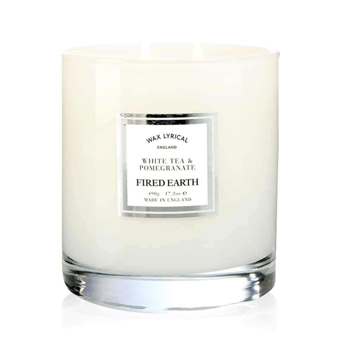 Wax Lyrical Fired Earth Collection White Tea & Pomegranate Scented Candle - Large Twin Wick Glass Jar (75-Hour Burn Time) - Handmade in England - Perfect for Home Decor, Relaxation & Aromatherapy
