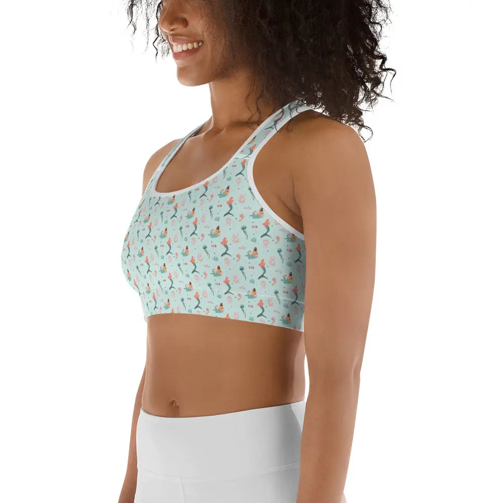 High Support Sports Bra for Women - Mermaid Sea Print Gym Workout Top - Perfect for Yoga, Running & Fitness Training