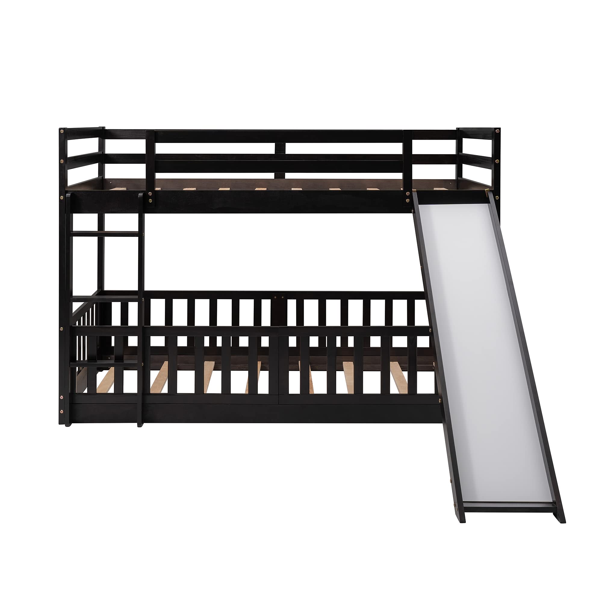 RUNNA Twin Over Twin Wood Bunk Bed with Convertible Slide & Ladder - Space-Saving Kids Loft Bed with Full-Length Guardrail - Espresso Finish for Bedroom, Dorm, or Playroom