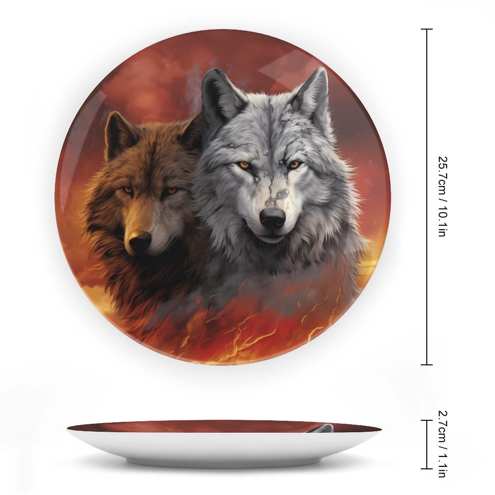 Wolf & Forest Fire Ceramic Decorative Plates - Handcrafted Dinner Plates with Stand for Kitchen & Home Decor | Perfect for Rustic Dining, Wall Display, and Gift Giving