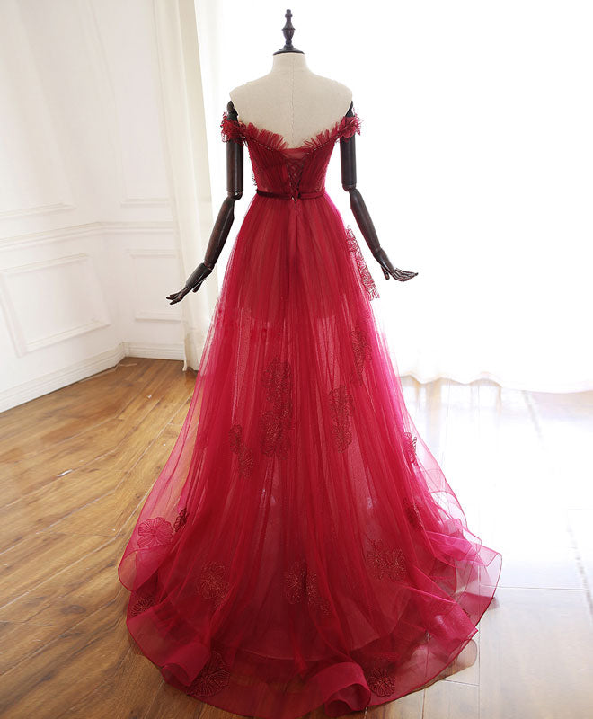 Elegant Burgundy Tulle Lace Long Prom Dress & Evening Gown - Perfect for Homecoming, Formal Dances, and Special Occasions