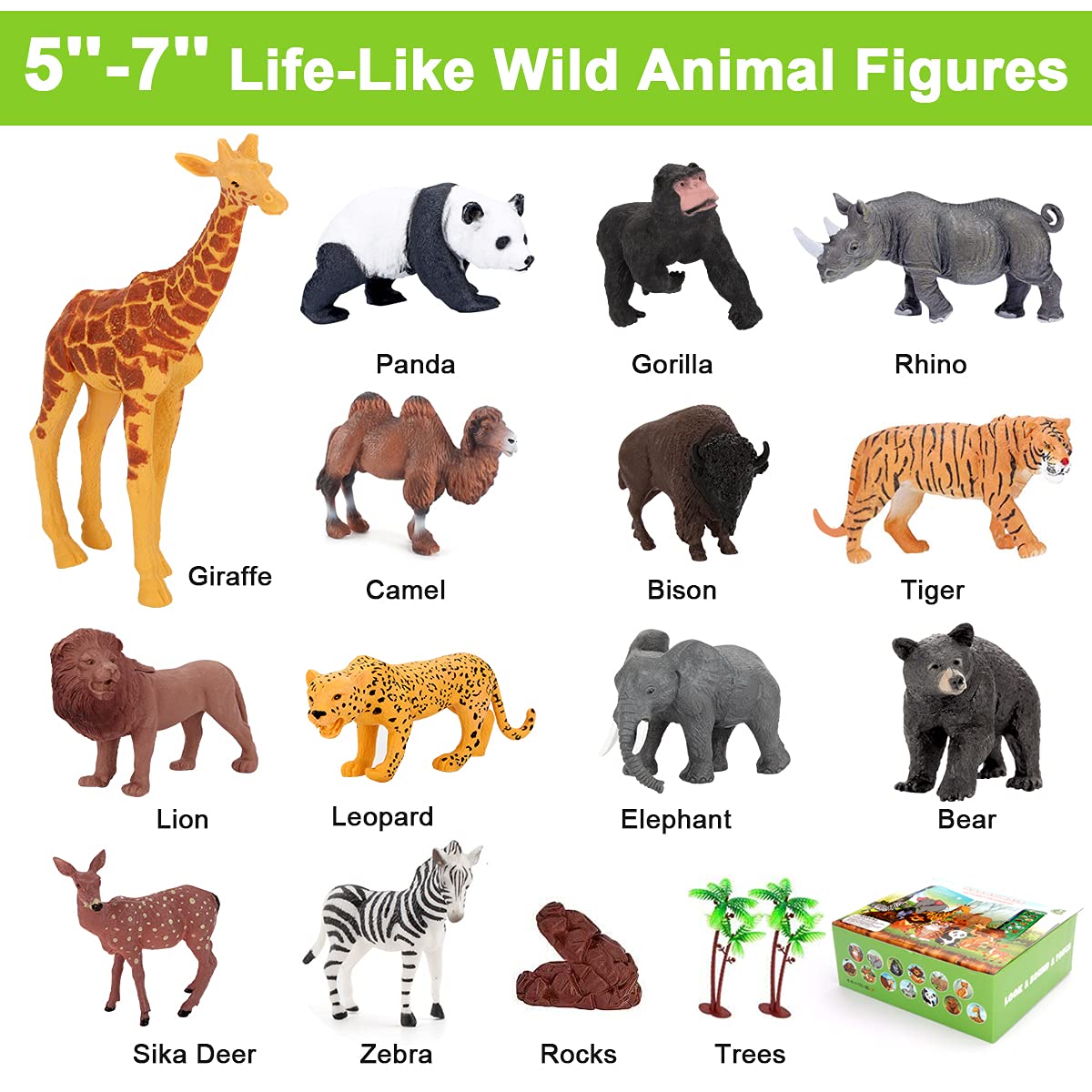 Safari Animal Figures Toys Set - 13 Realistic Wild Plastic Animal Figurines with Kids Sound Book - Educational Learning Toys Gift for Boys Girls Ages 3+ - Perfect for Jungle Themed Parties, Preschool Learning & Imaginative Play