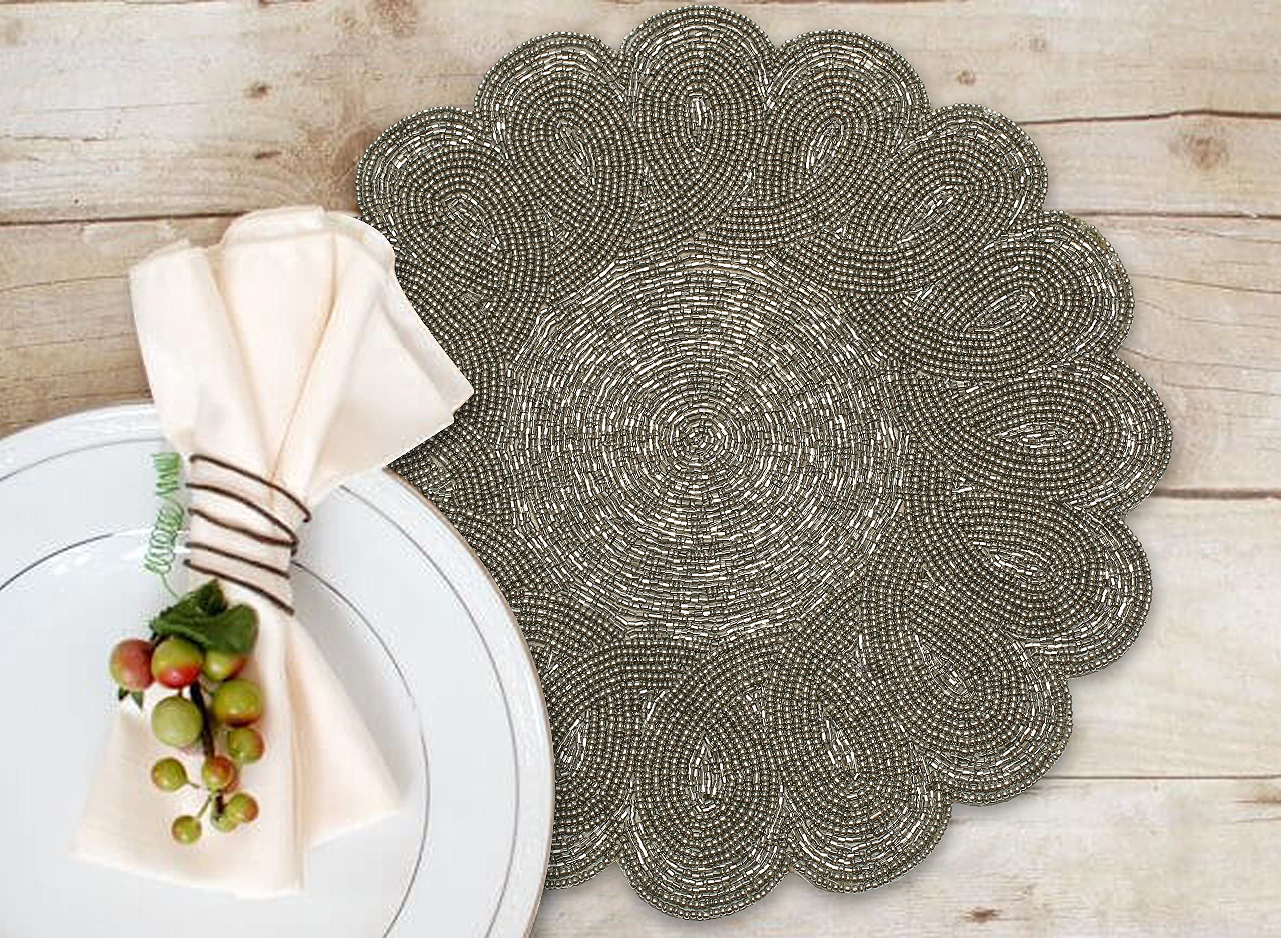 Lightnpro Beaded Charger - Round & Scalloped Christmas Placemat Set of 2 (13 Inch) for Holiday Table Decor, Dining Table Setting, and Festive Party Centerpiece
