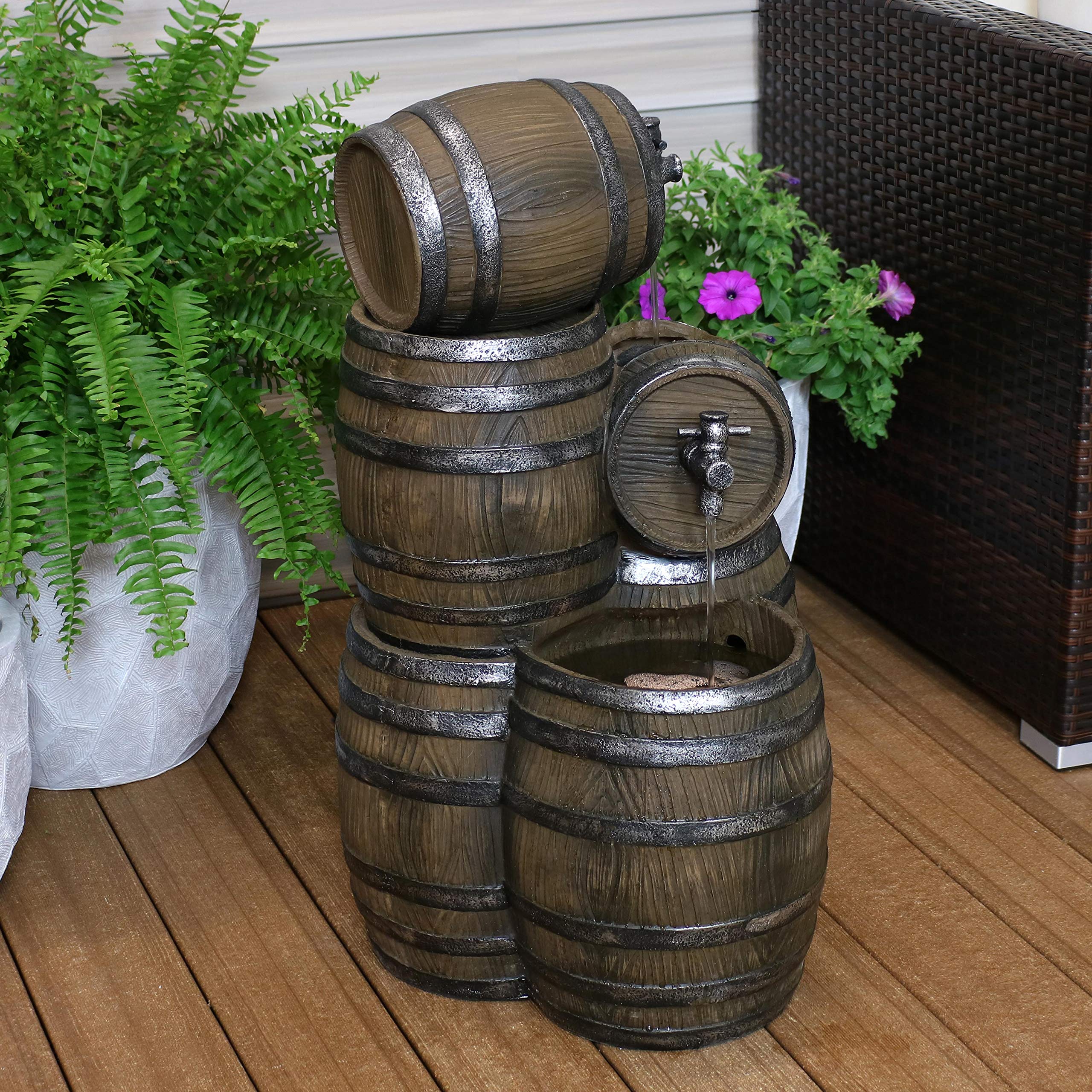 Sunnydaze 29-Inch Whiskey Barrel Outdoor Water Fountain with LED Lights & Adjustable Flow Electric Pump - Perfect for Garden, Patio, and Backyard Decor