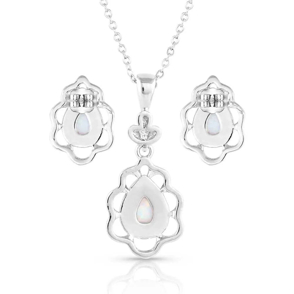 Mystic Snowdrop Opal Jewelry Set - Sterling Silver Necklace & Earrings for Women | Elegant Gift for Birthday, Anniversary & Special Occasions | Perfect for Weddings, Parties & Evening Events