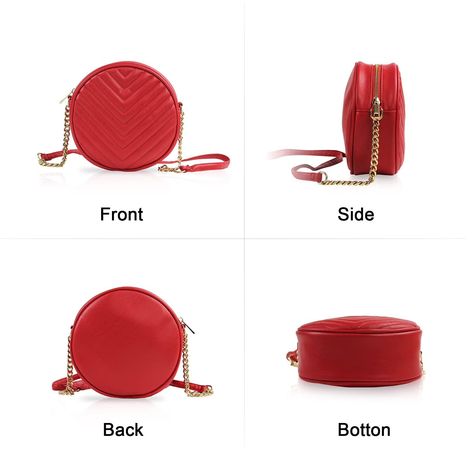 Stylish Round Crossbody Bag for Women - PU Leather Shoulder Purse with Adjustable Metal Chain Strap | Zippered Phone Pocket | Perfect for Everyday Use, Date Night & Travel Accessories