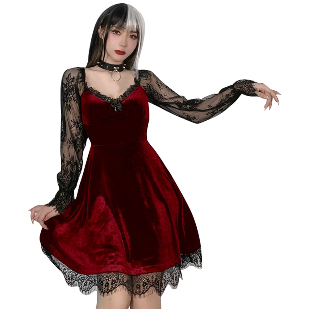 IDOPIP Gothic Lolita Floral Lace Long Sleeve Velvet Dress for Women - Black See-Through Suede Ruched Party Gown | Perfect for Weddings, Cosplay & Gothic Events