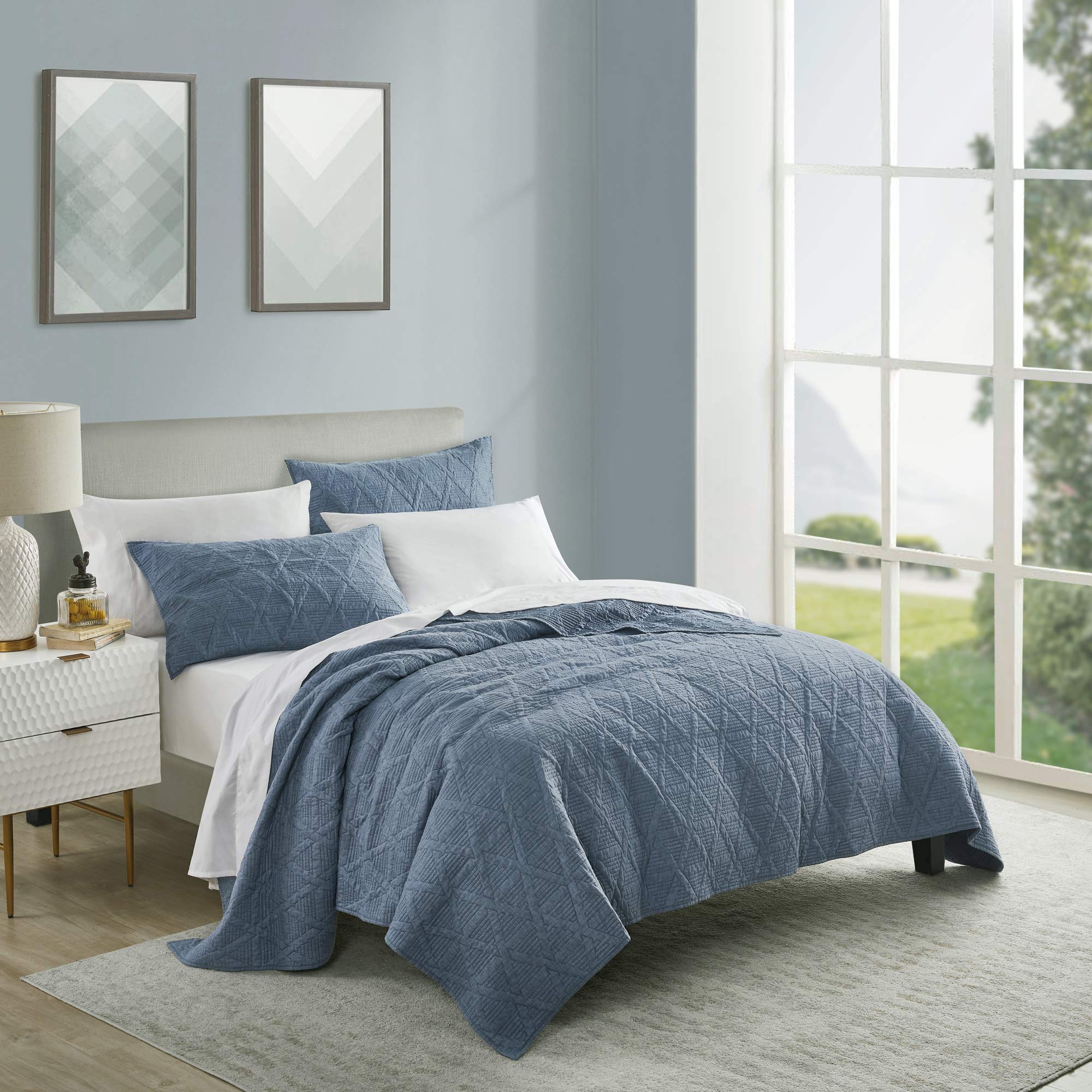 SHALALA Reversible Queen Quilt Set - Ultra Soft Cotton Blend Geometric Bedspread Coverlet (Denim Blue, Full/Queen Size) | 3-Piece All-Season Bedding for Cozy Home & Guest Room Decor