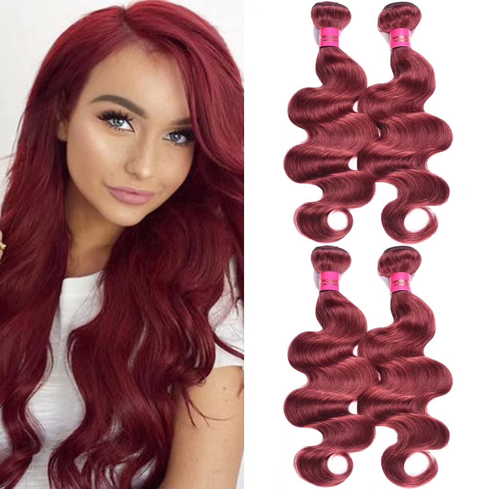 Brazilian Body Wave Virgin Human Hair Bundles - 8A Grade Soft Wine Red Hair Extensions (4 Bundles, 24