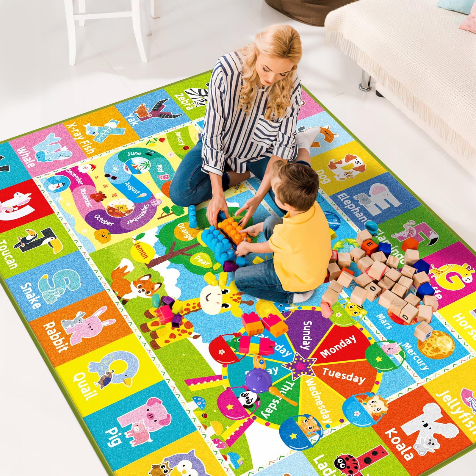 **AKASISRUG Educational Kids Play Mat - ABC, Animals, Months, Weeks, Fruits & Planets Learning Rug for Playroom, Classroom & Bedroom - Non-Slip Baby Play Mat (78.7