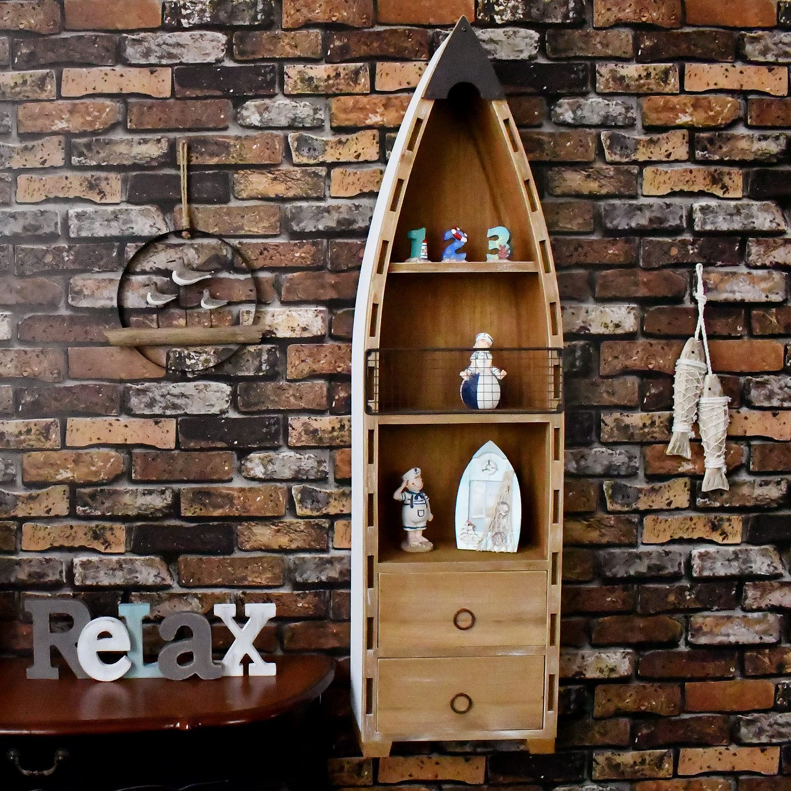 Rustic Wooden Boat Wall Shelf with Drawer - Nautical Hanging Boat Decor for Bathroom, Bedroom & Lake House - Beach Theme Storage & Display for Books, Towels & Decor