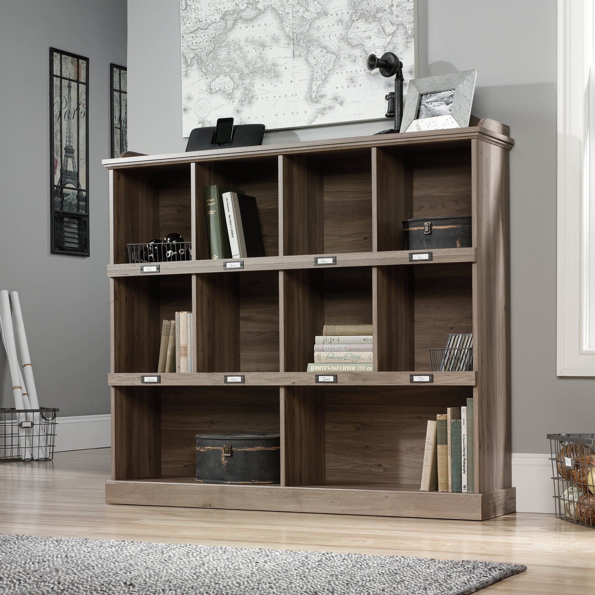 Sauder Barrister Lane 3-Shelf Cubby Bookcase - Storage & Display Bookshelf in Salt Oak Finish | Perfect for Home Office, Living Room & Library Organization