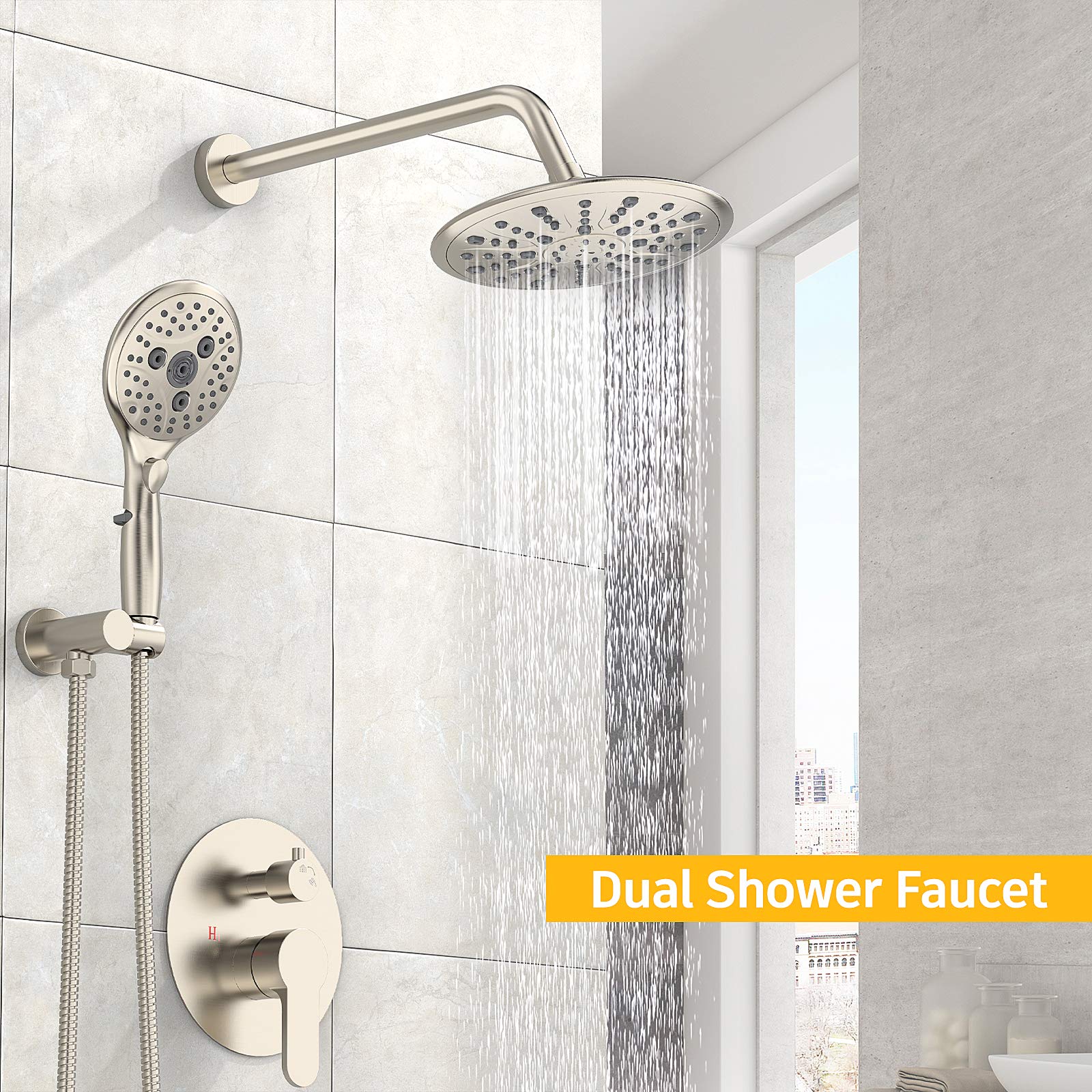 **SunCleanse 7-Setting Rainfall Shower System with Handheld Shower Head - Brushed Nickel Finish - Includes Rough-in Valve & Trim Kit - Perfect for Modern Bathroom & Spa-Like Experience**