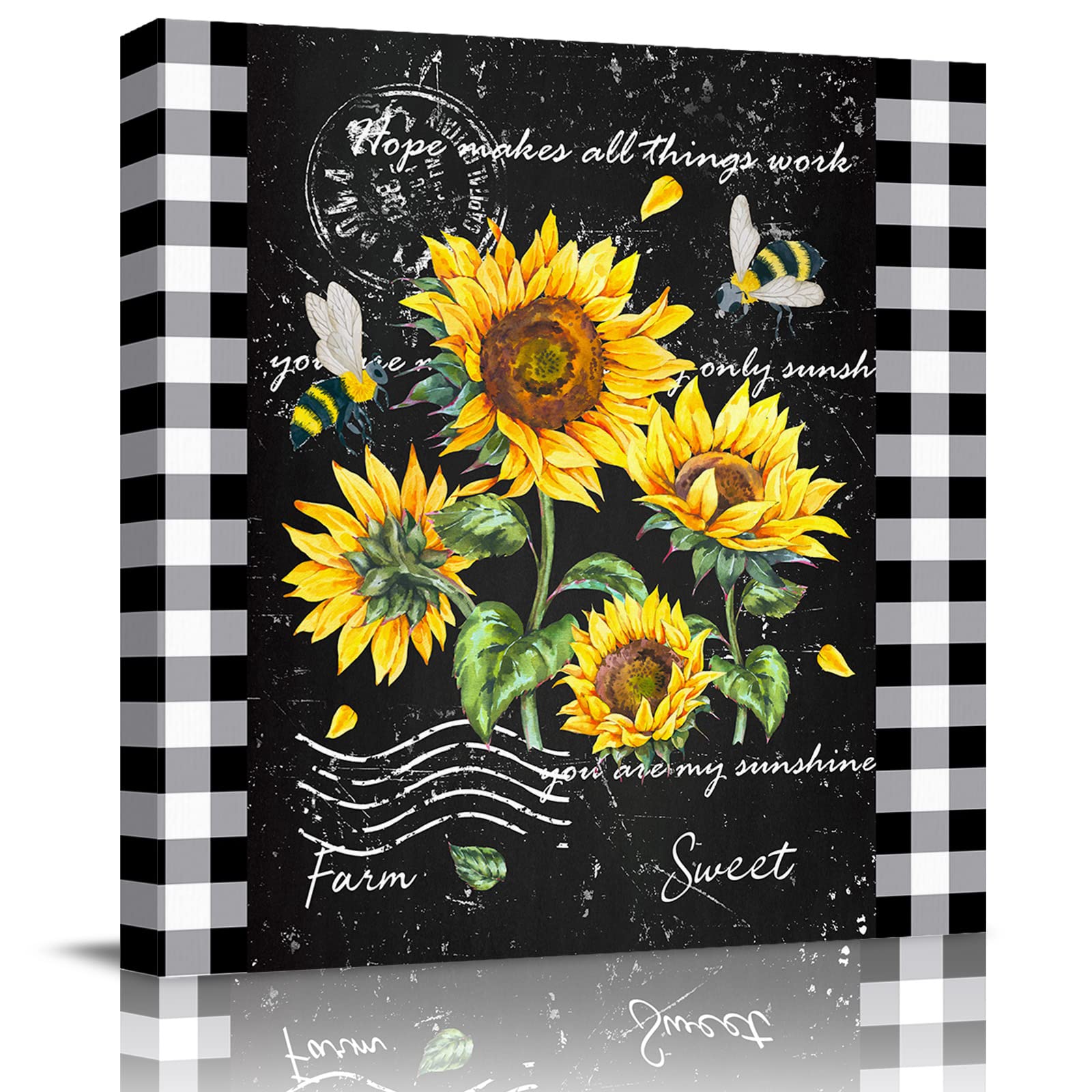 Sunflower Bee Black White Buffalo Check Floral Oil Painting Canvas Wall Art - 24x24 Inch Framed Square Print for Bedroom, Living Room, Home Office Decor | Perfect for Farmhouse, Rustic & Modern Interior Design