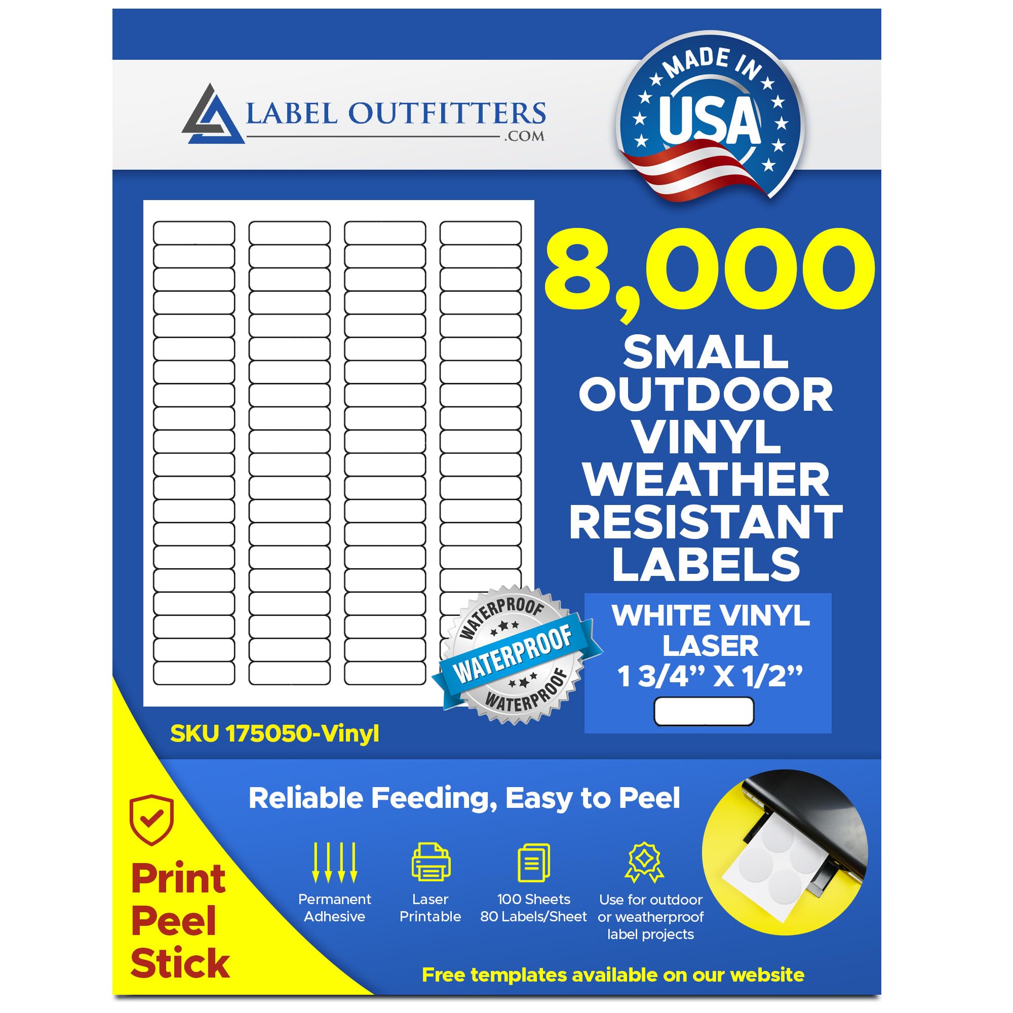 8,000 Weatherproof White Vinyl Laser Labels - 1.75