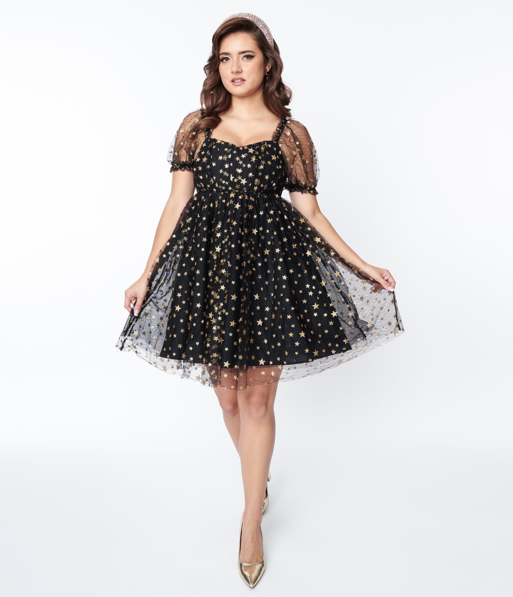 Vintage Black Gold Star Mesh Babydoll Dress - Elegant Retro Belle Style for Parties, Cosplay & Special Occasions