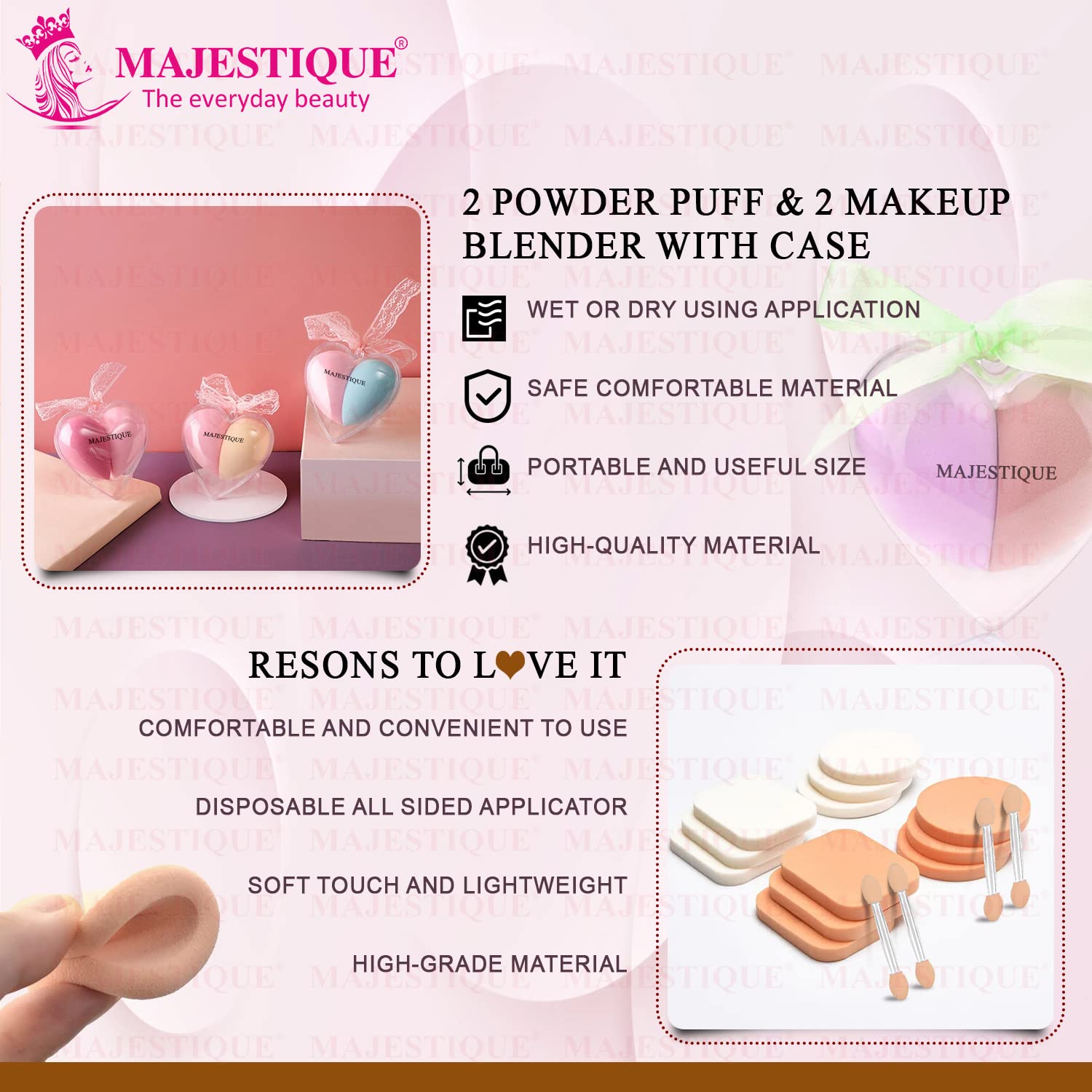 Majestique Heart Shaped Beauty Blender & 2-Piece Powder Puff Set with Makeup Stick - for Liquid, Cream & Powder Foundation - Soft Makeup Sponges for Flawless Blending (Color May Vary) - Perfect for Everyday Makeup Application & Professional Makeup Looks