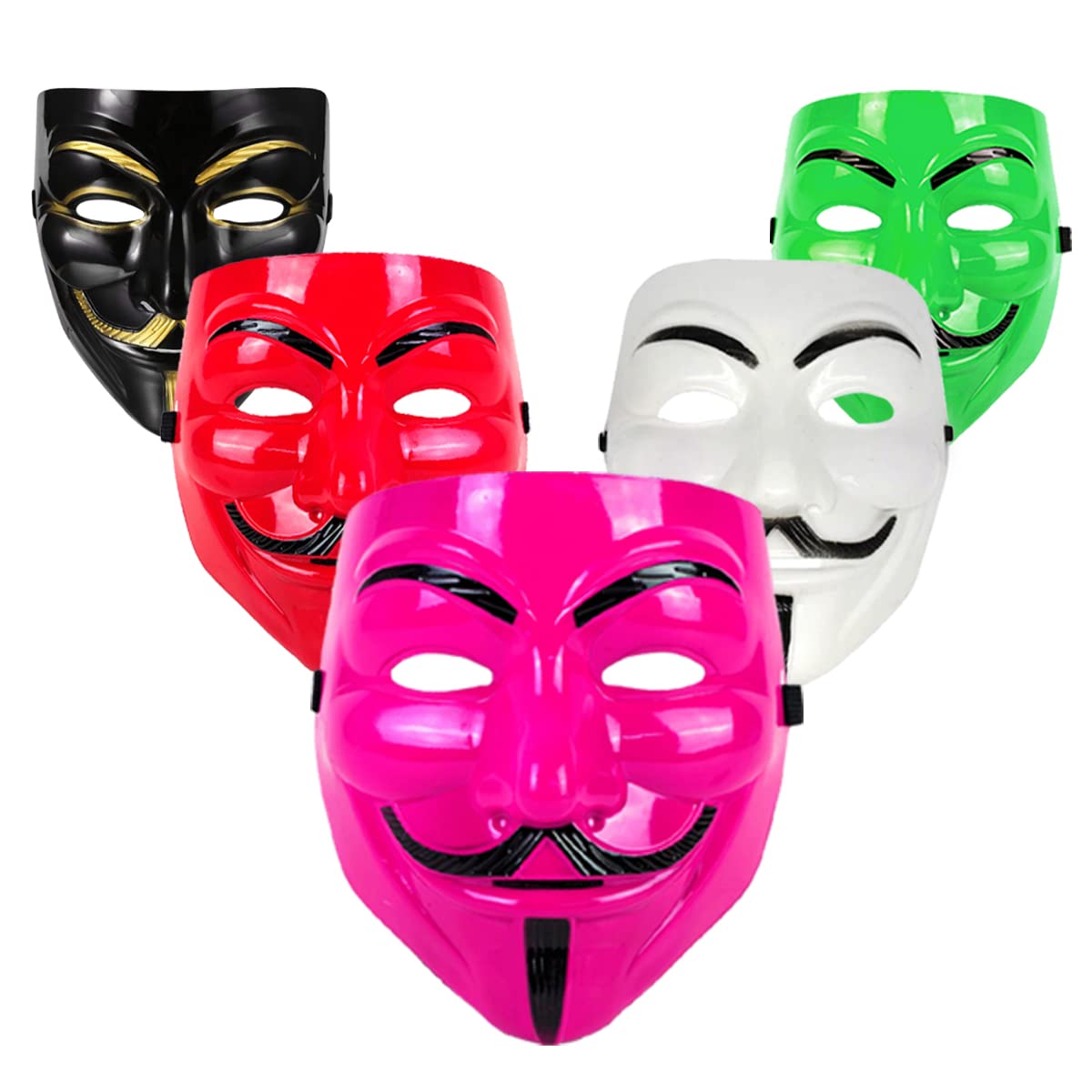 V for Vendetta Anonymous VIP Edition Face Mask Set of 5 - Sage Square, Black, White, Red, Green & Pink Fawkes Masks - Perfect Fit for Cosplay, Halloween, Protests & Movie-Themed Events