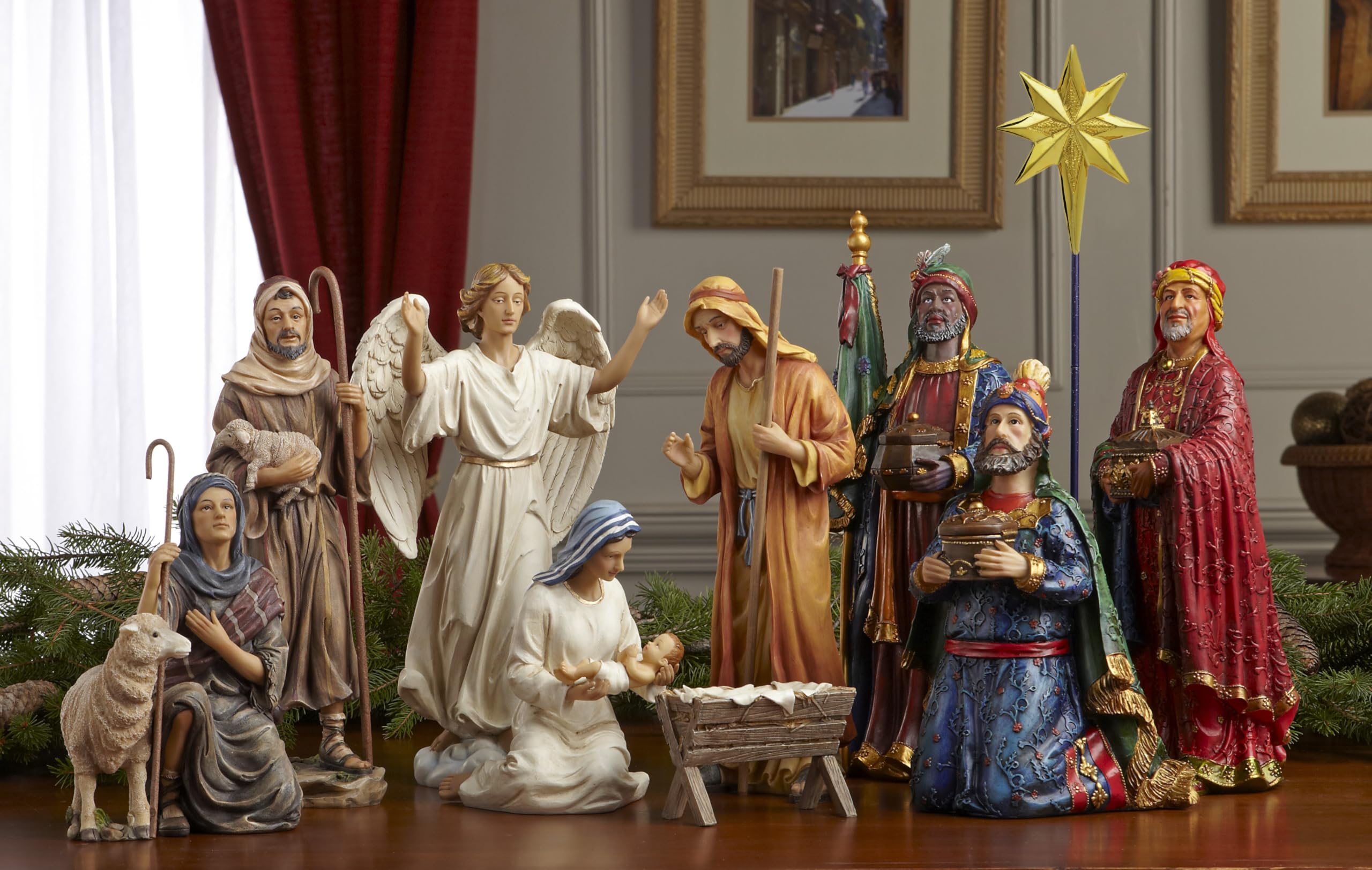 Three Kings Gifts Nativity Scene Set - 14-Piece Christmas Decoration with Magi, Wise Men, Angel, Shepherds, Sheep & Holy Family Figures, 3 Real Gold Trunks, Perfect for 14-Inch Scale Collections - Ideal for Holiday Home Decor, Church Displays & Christmas Tabletop Scenes