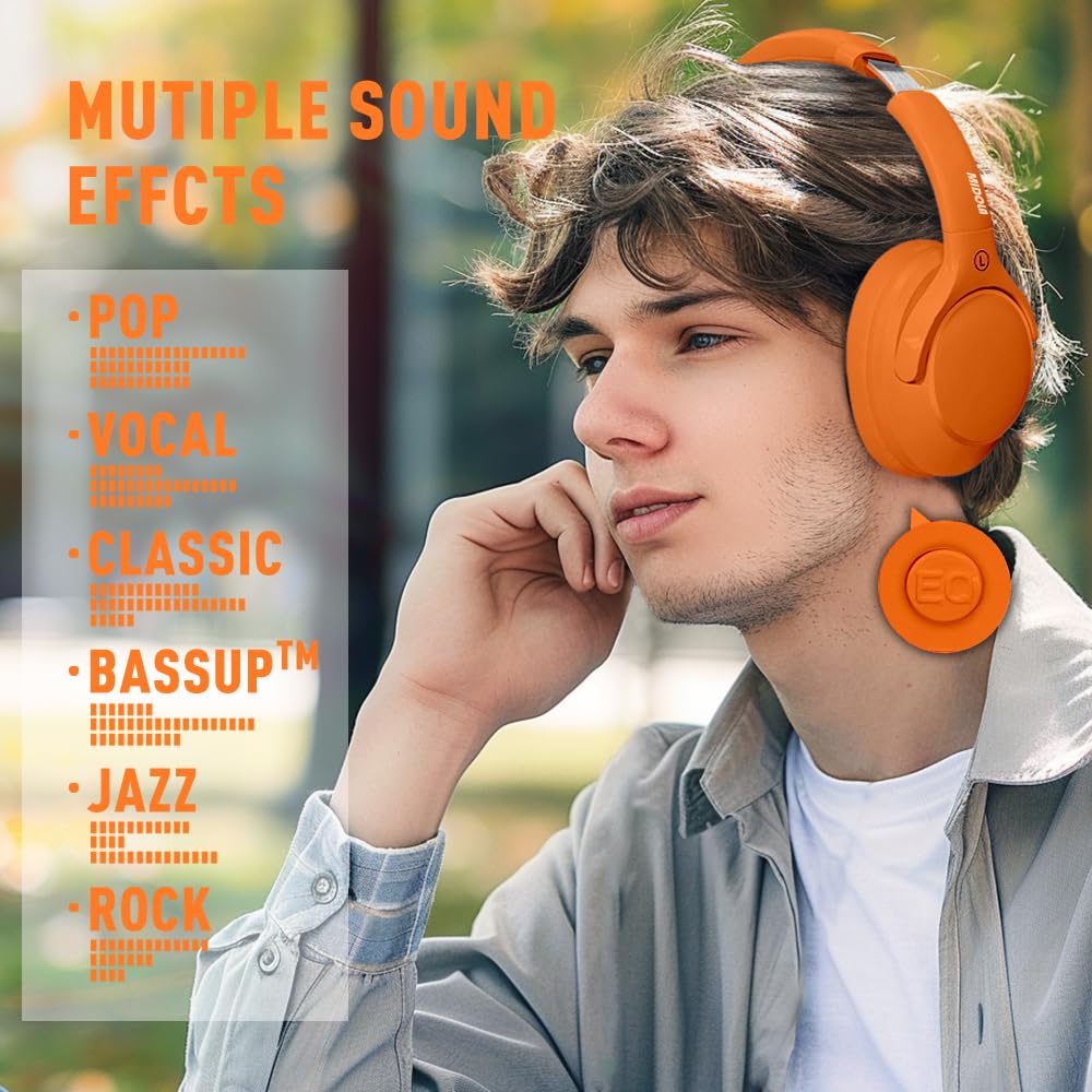 MIDOLA Bluetooth Over Ear Headphones 68H Playtime, 6 EQ Wireless Headset with Mic, HiFi Stereo, Foldable Lightweight Deep Bass - Perfect for Travel, Home Office, Gaming & Cellphone Use (Orange)