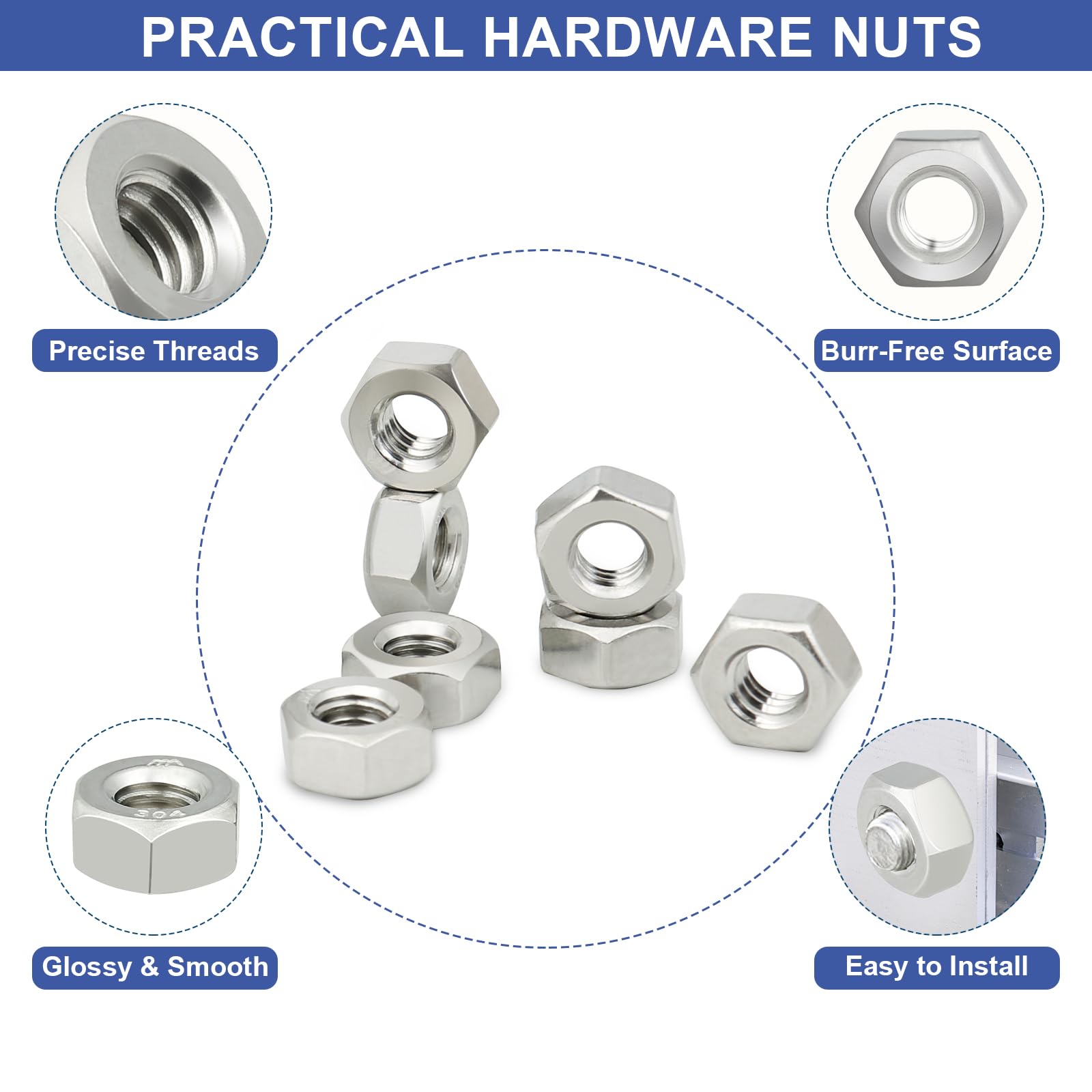 Stainless Steel M3 Hex Nuts 200 Pack - Coarse Thread Hexagon Hardware Nuts for Professionals, Repairmen & DIY - Perfect for Machinery, Automotive Repairs & Home Improvement Projects