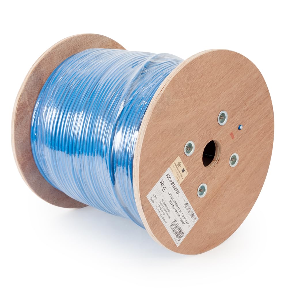 ICC Cat6A CMR Riser 1000ft Bulk Ethernet Cable - FTP 23AWG Shielded, 100% Solid Pure Copper, PoE++, 650MHz | UL Certified & ETL Verified | RoHS, TAA, NEC Compliant | Made in USA (Blue) - Ideal for High-Speed Networking, Data Centers, and Office Installations