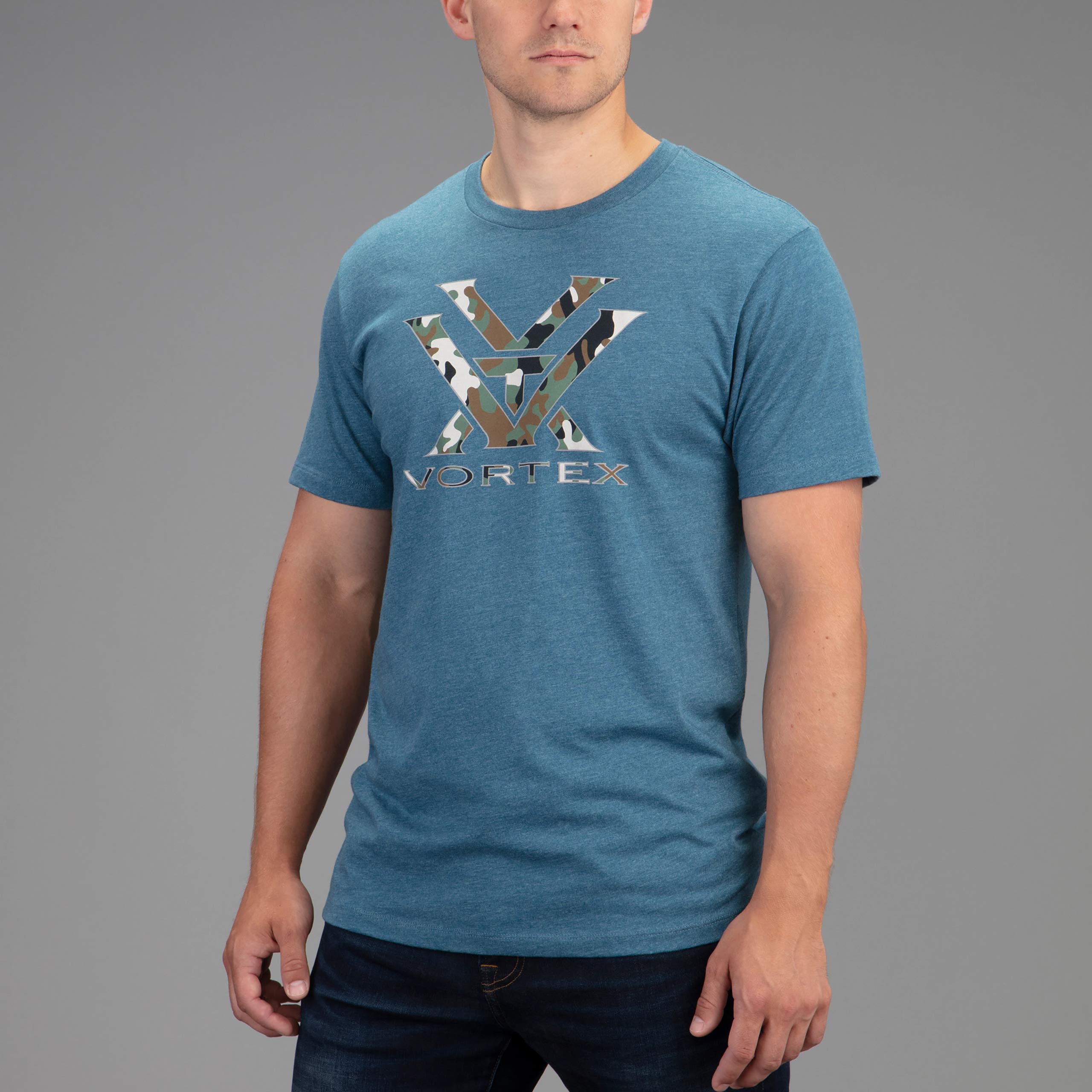 Vortex Men's Short Sleeve T-Shirt - Steel Blue Heather Camo Print with Logo | Comfortable Casual Tee for Outdoor Activities, Gym & Everyday Wear
