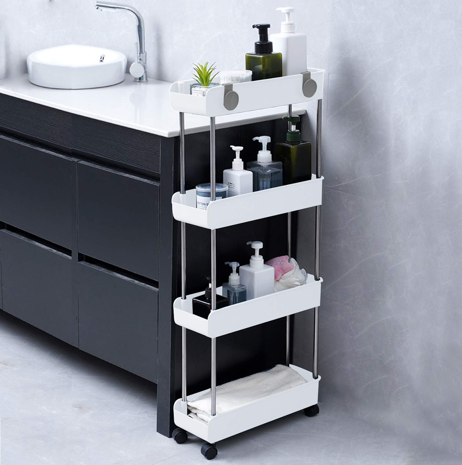 4-Tier Slim Rolling Storage Cart with Wheels - Mobile Shelving Unit for Bathroom, Kitchen, Laundry Room - Space-Saving Organizer for Small Spaces - White | Perfect for Narrow Areas & Closet Organization