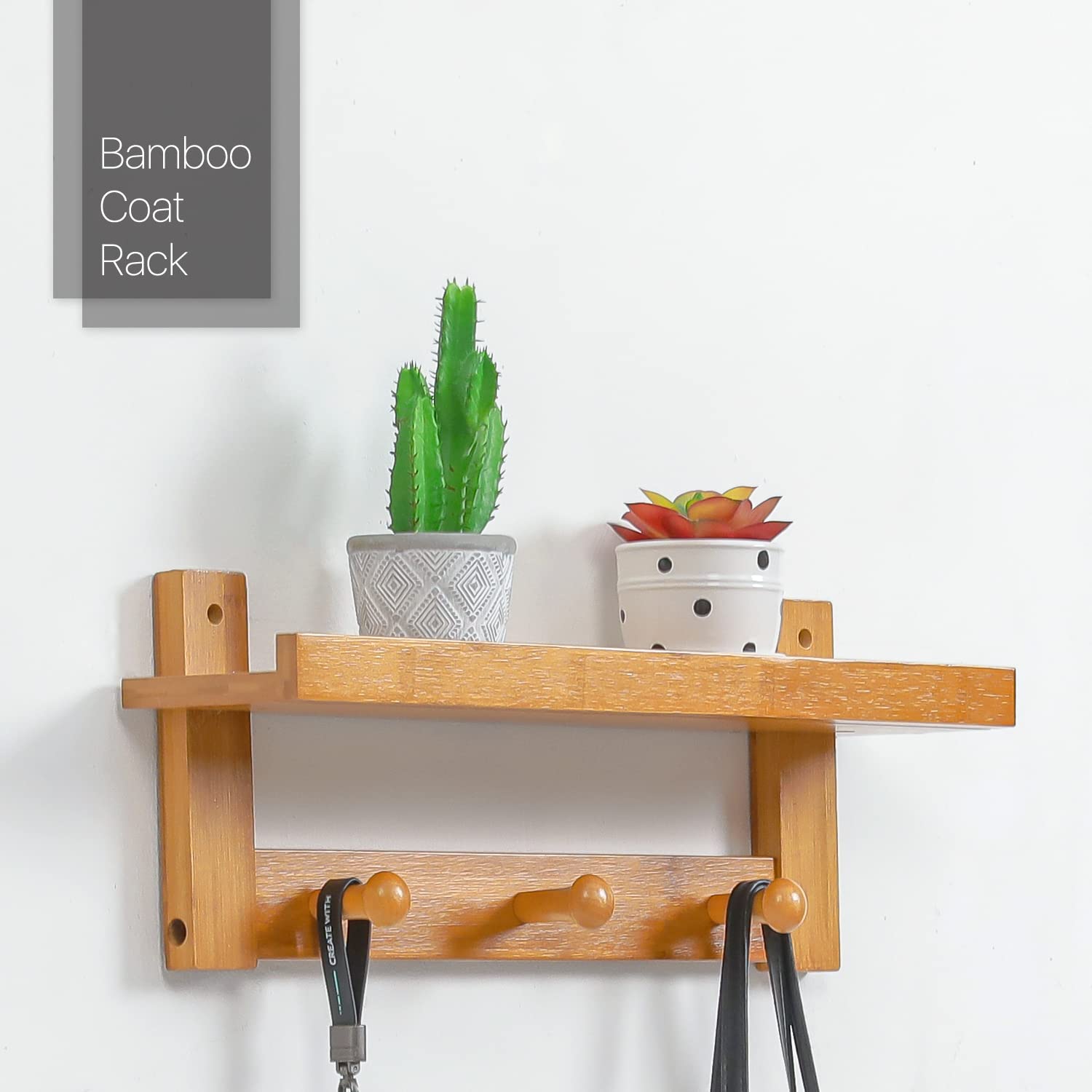 MoNiBloom Wall Mounted Coat Rack with Shelf - 3 Hooks Bamboo Entryway Organizer for Hats, Bags & Jackets | Perfect for Hallway, Bedroom, Kitchen & Bathroom Storage | Natural Wood Home Decor