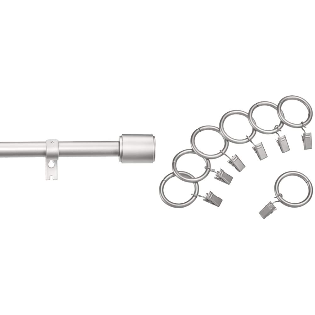 Amazon Basics 1-Inch Adjustable Curtain Rod (72-144 Inches) with Nickel Finials & 7-Pack Clip Rings - Perfect for Living Room, Bedroom & Window Treatments