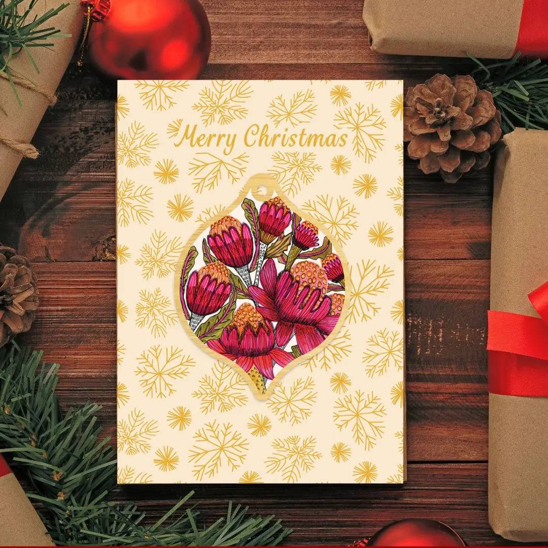 Australian Waratah Christmas Card & Bauble - Festive Holiday Greeting Card with Floral Design - Perfect for Xmas Decorations, Gift Giving & Holiday Celebrations