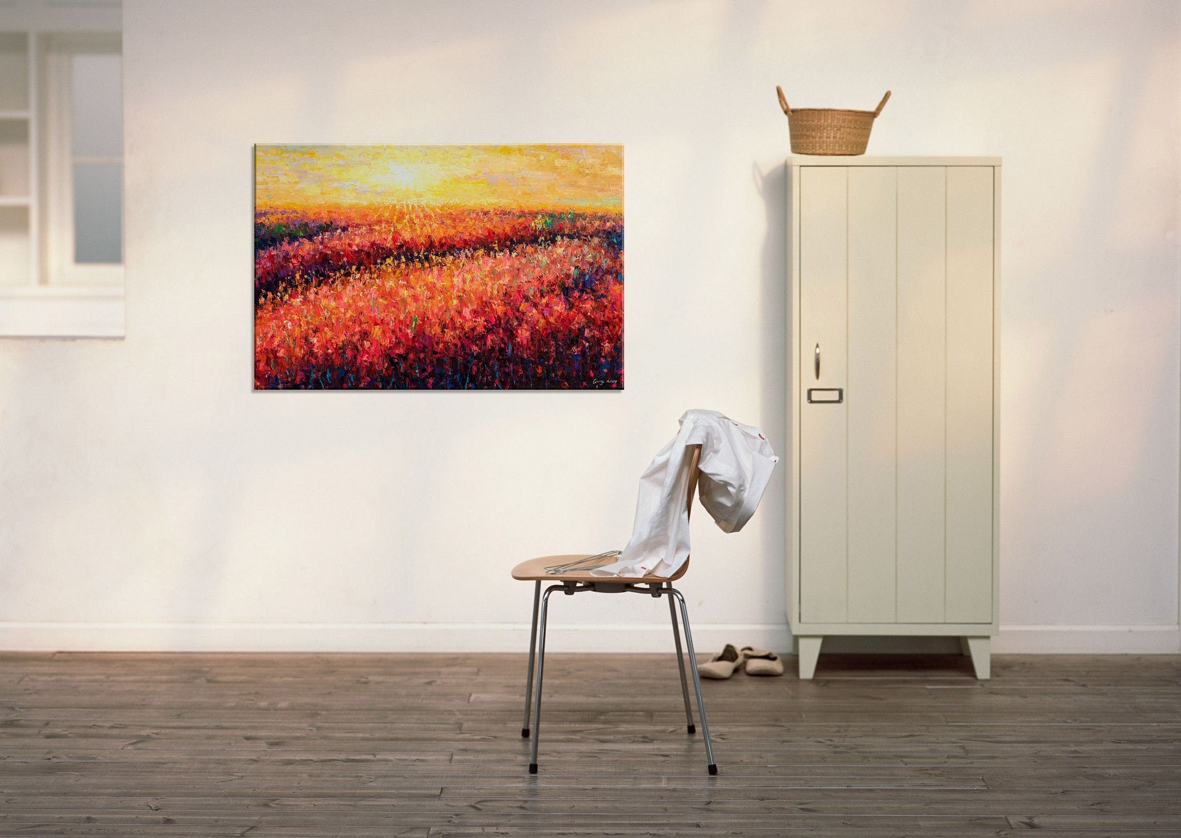 Red Flower Fields at Dawn - Vibrant Landscape Oil Painting on Large Canvas, Modern Wall Art Decor for Living Room, Bedroom & Office