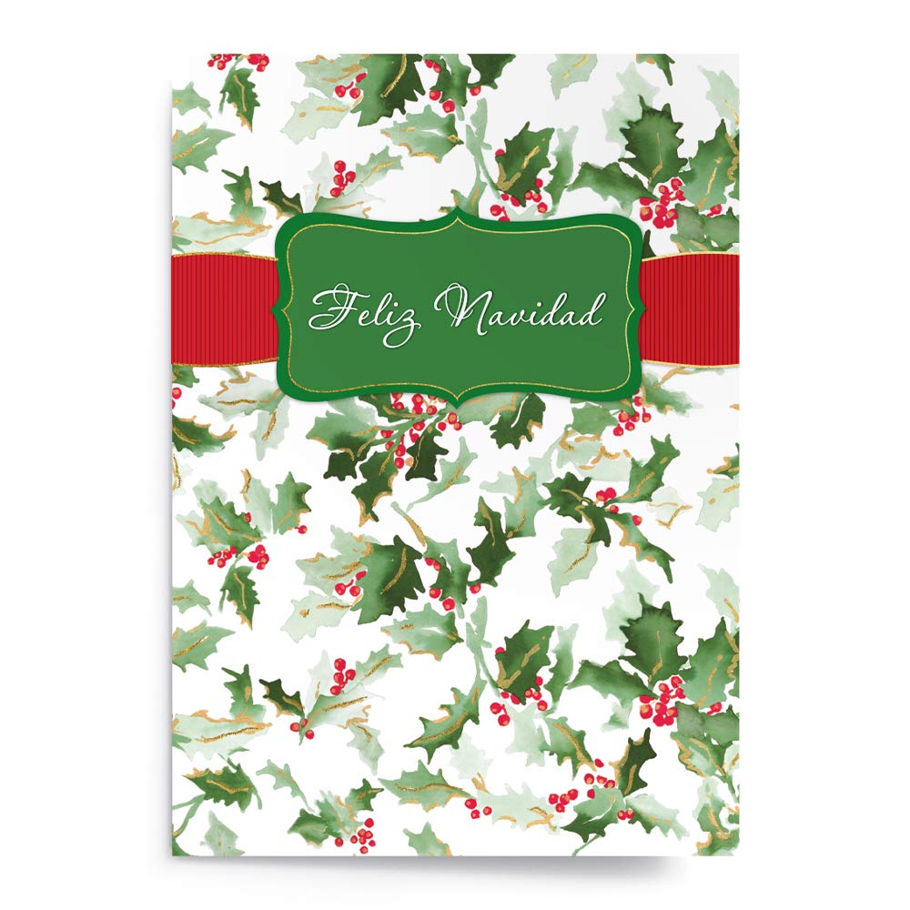 Designer Greetings Spanish Christmas Cards Box Set - 18 Gold Foil Embossed Navidad Greeting Cards with Envelopes | Hojas Navideñas & Holly Design | Perfect for Holiday Gifts, Office Greetings & Family Celebrations