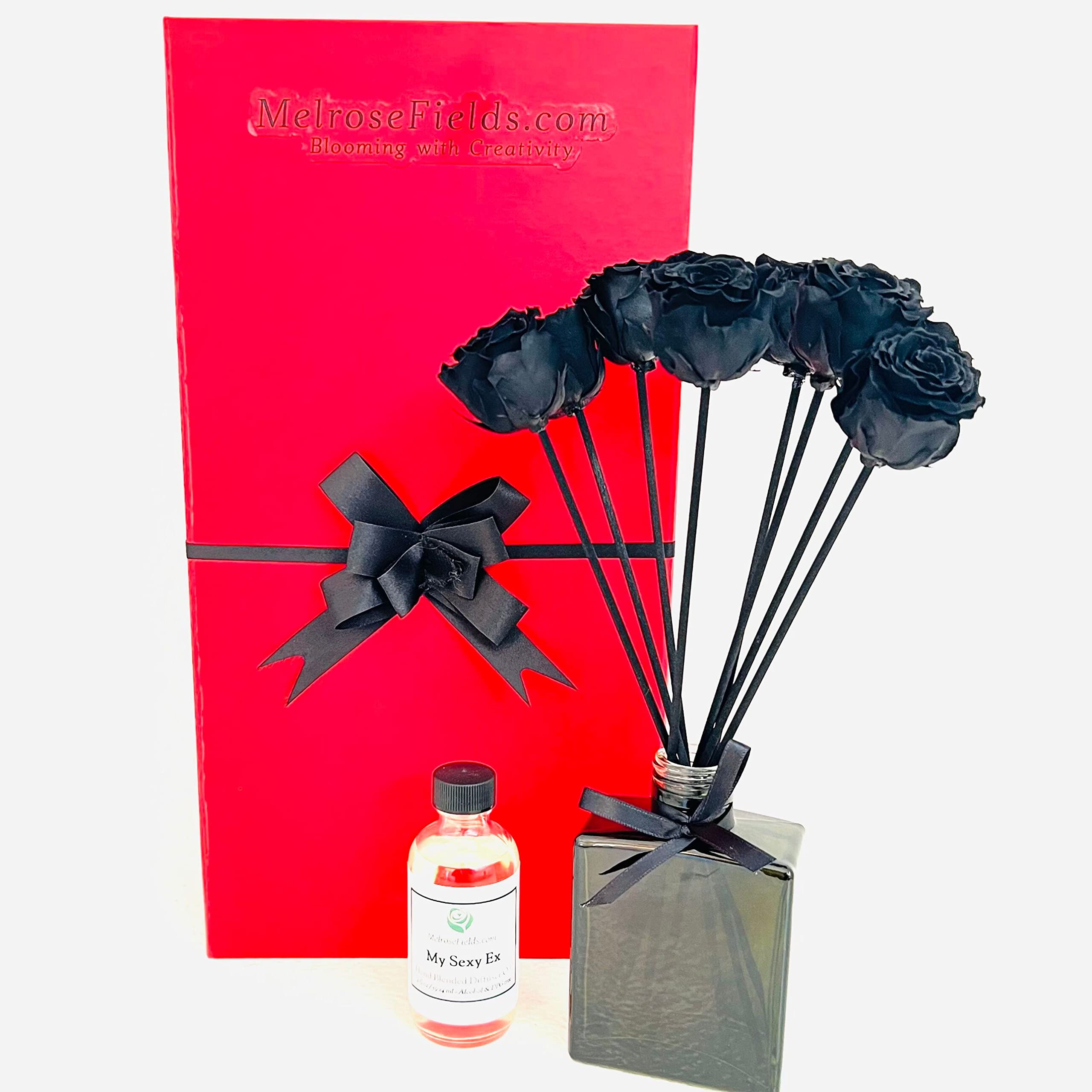Luxury Preserved Black Rose Reed Diffuser Kit - 4oz Aromatherapy Oil, Natural Rattan Reeds, Vintage Green Glass Bottle with Matte Red Gift Box - Perfect for Home, Office & Spa Decor