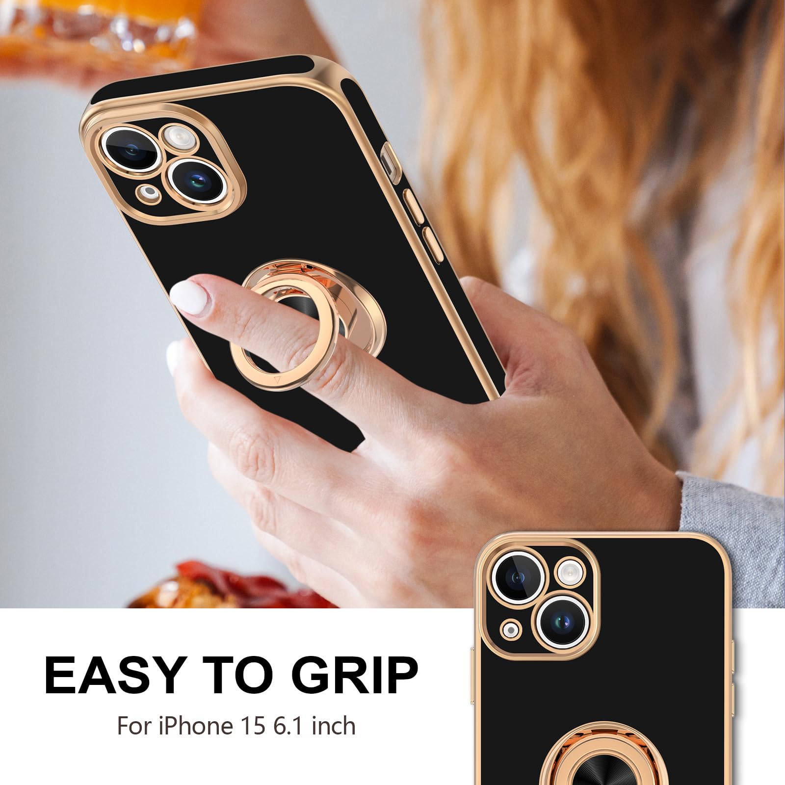Premium Magnetic iPhone 15 Case with 360° Rotatable Ring Stand - Rose Gold Plated Luxury Protective Cover for iPhone 15 6.1