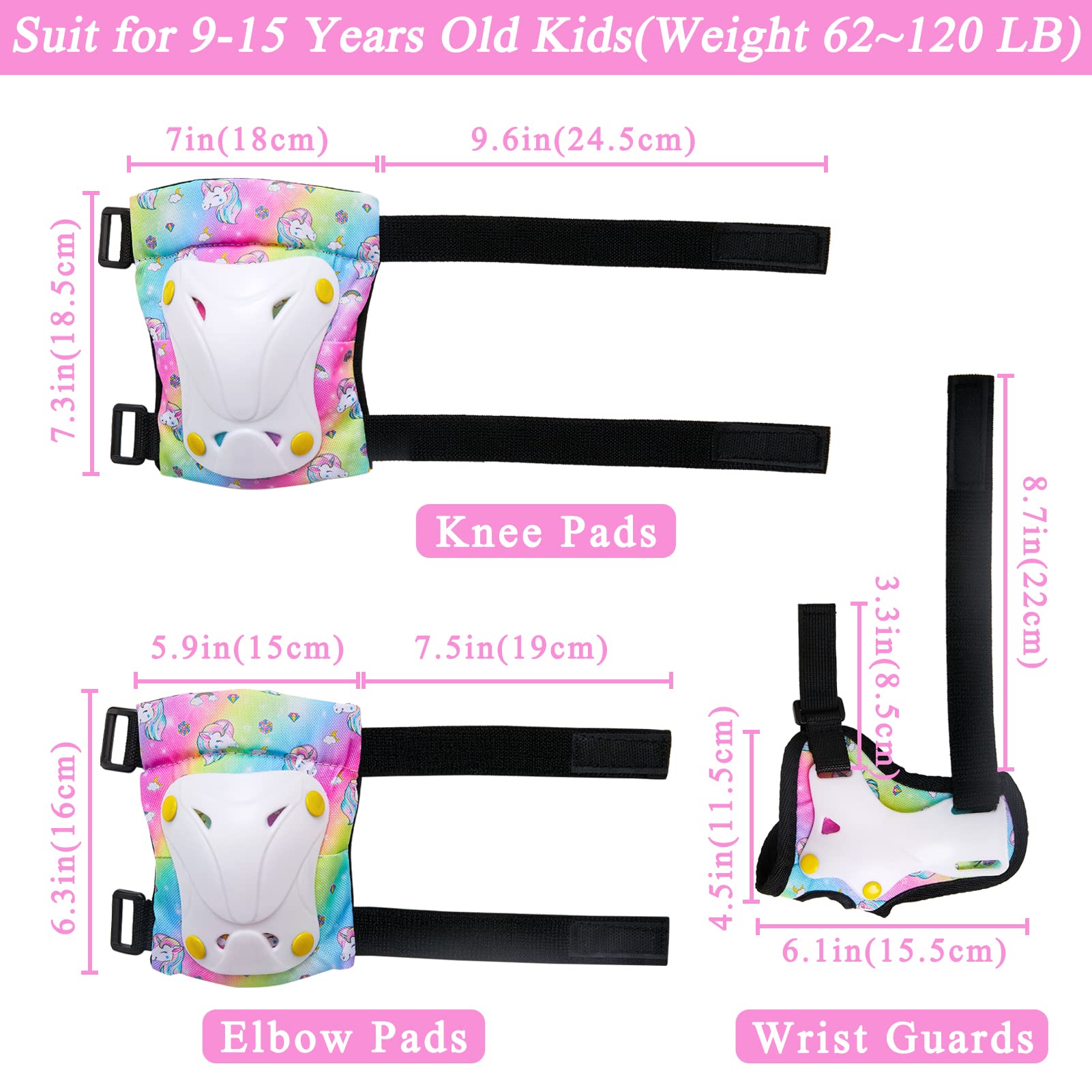 FIODAY Kids Knee Pads & Elbow Pads Set with Wrist Guards - Adjustable Protective Gear for Toddlers 9-15 Years (Rainbow) - Perfect for Skating, Cycling, Skateboard & Scooter - Includes Drawstring Bag for Easy Storage