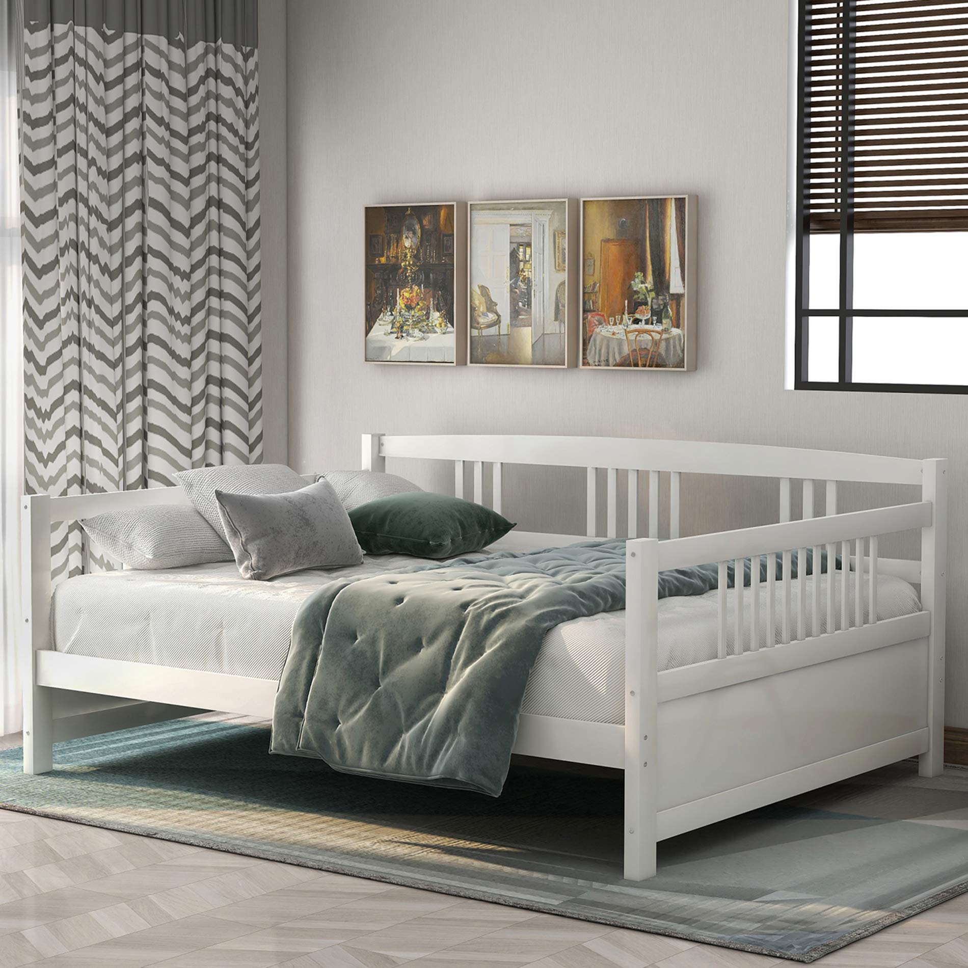 Modern Ivory White Full Size Merax Daybed with Wooden Slats & Rails - Sturdy Support for Living Room, Guest Room or Home Office (Space-Saving Sleeper Sofa Alternative)