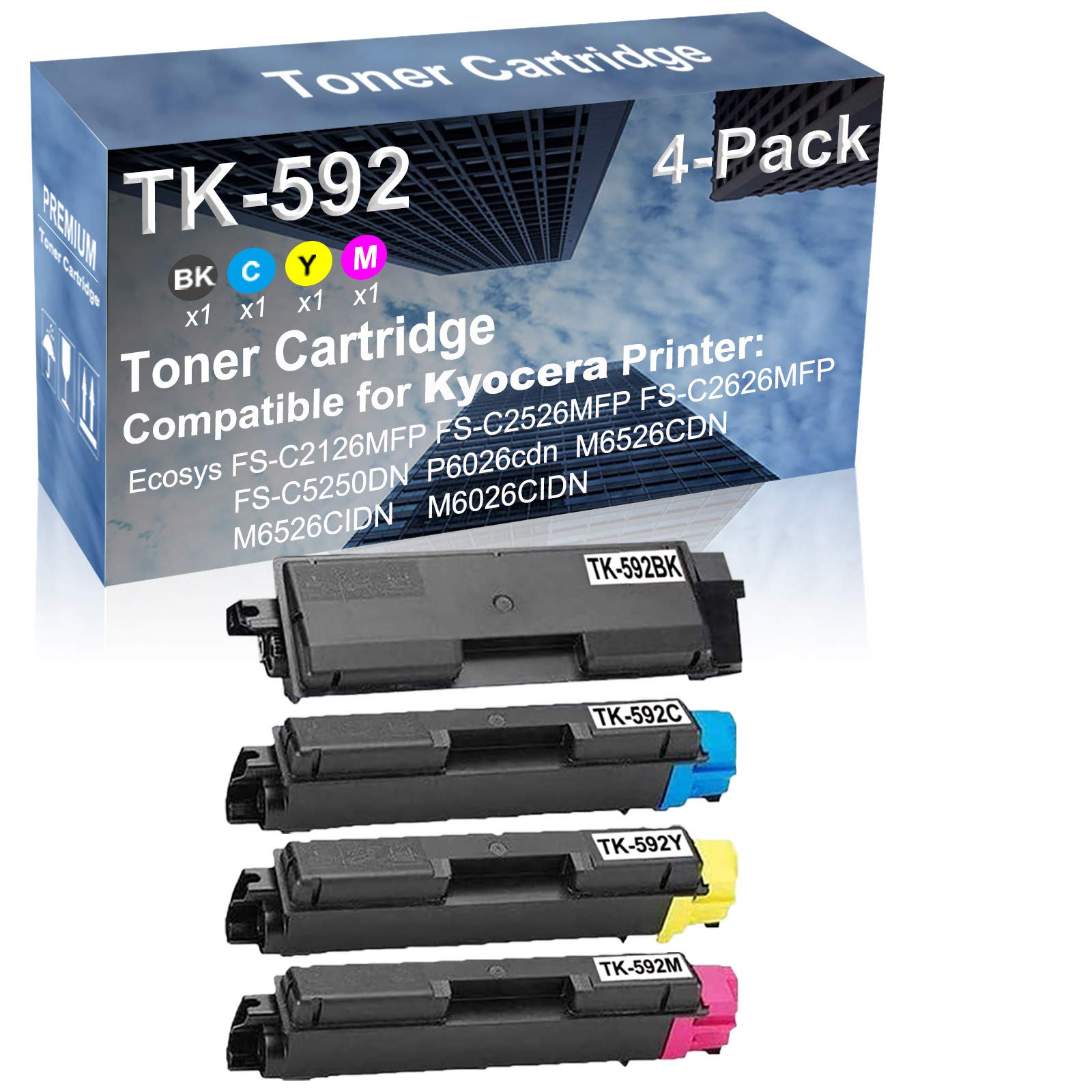 4-Pack High Yield TK592 Compatible Toner Cartridges (Black, Cyan, Yellow, Magenta) for Kyocera Ecosys M6526CDN M6526CIDN M6026CIDN Printers - Perfect for Office & Home Printing Needs