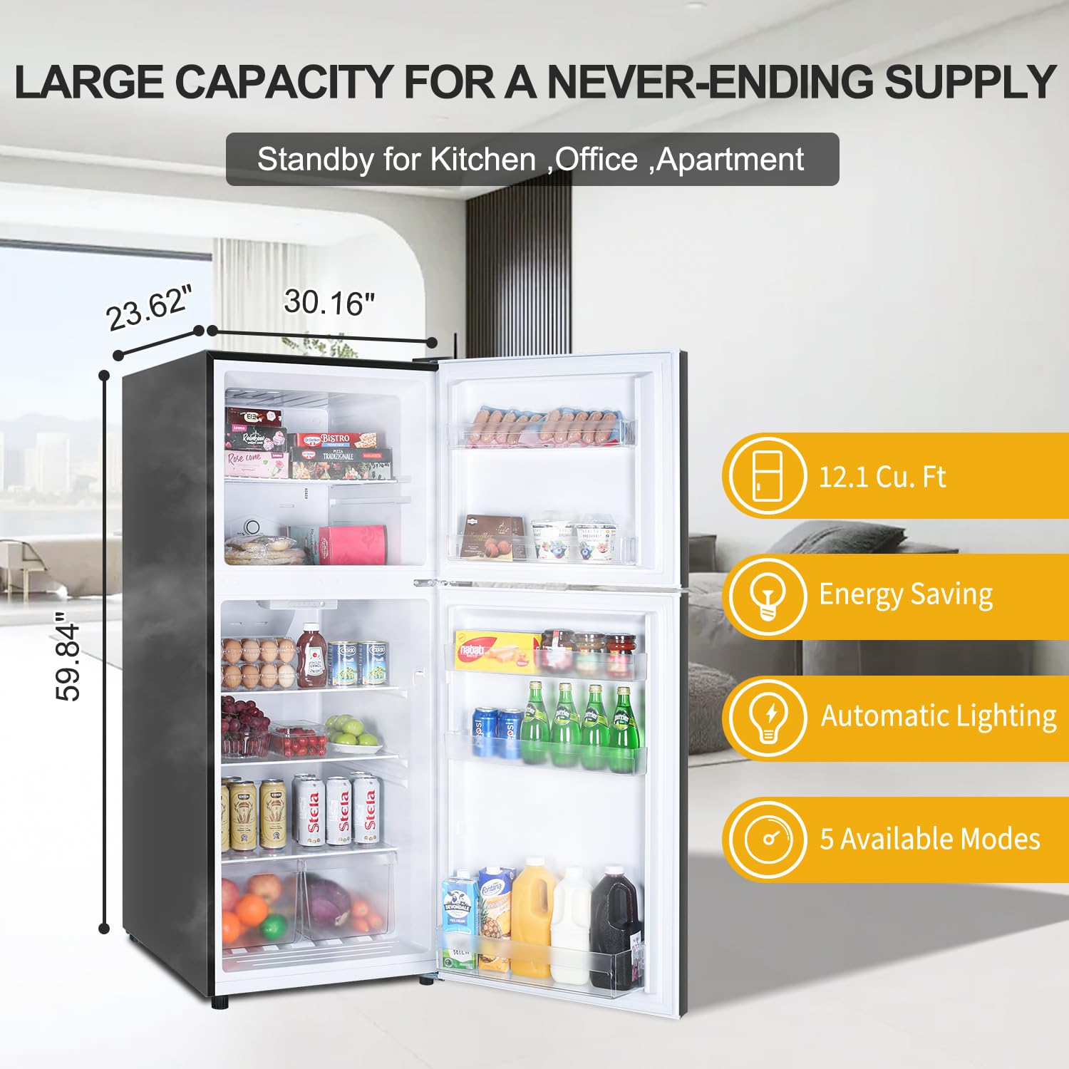 **Frestec 12.1 Cu Ft Apartment Refrigerator with Freezer - 2 Door Compact Fridge, Adjustable Thermostat, Freestanding Design, Reversible Door Swing, Black (FR 1202 BK) - Perfect for Dorms, Small Kitchens & Offices**